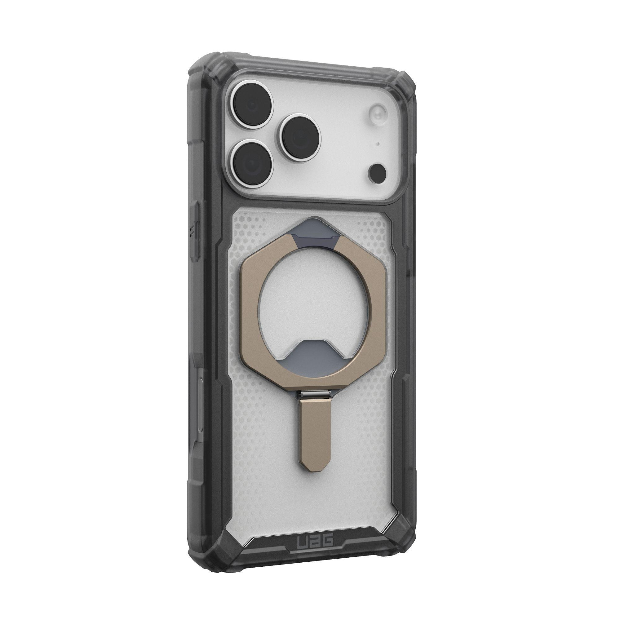 Custodia protettiva per telefono. Nera e trasparente con anello dorato e cornice nera. Tre obiettivi della fotocamera visibili.