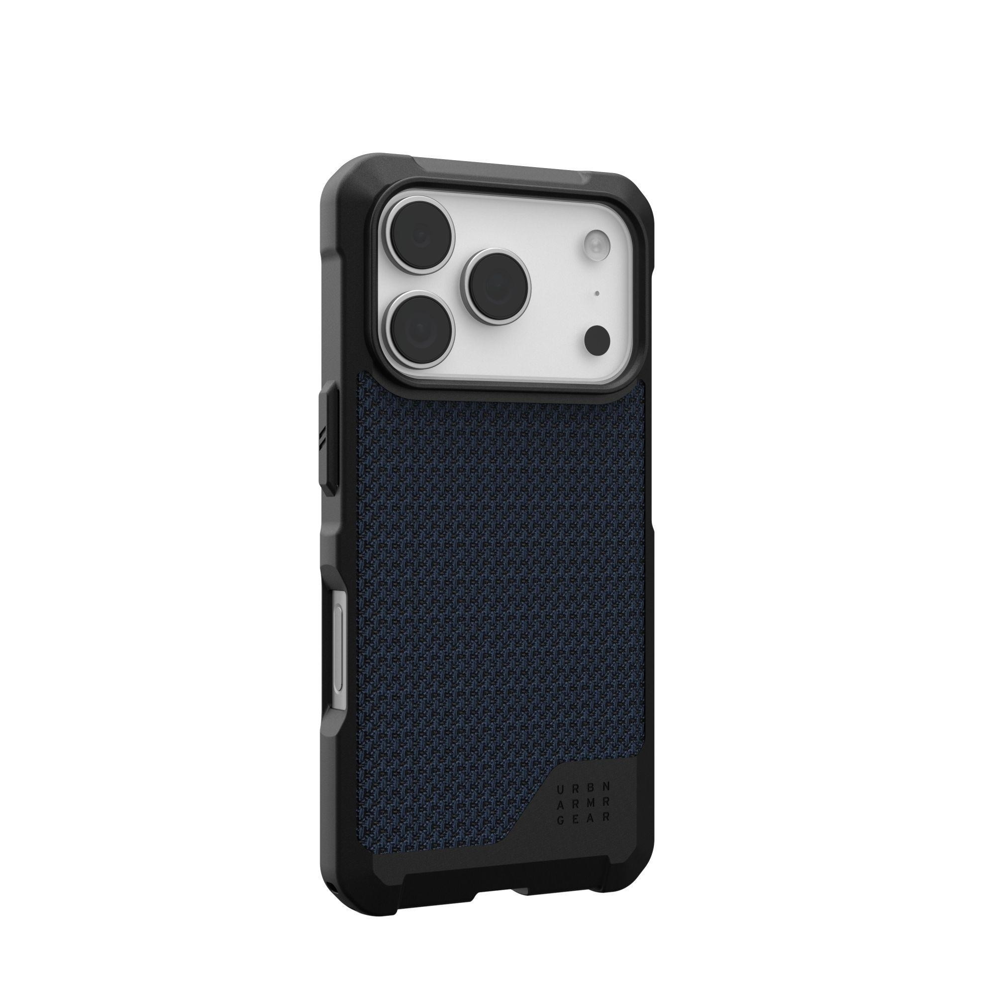 Funda de teléfono negra con una sección central azul texturizada. La funda tiene recortes para la cámara. Fondo blanco.