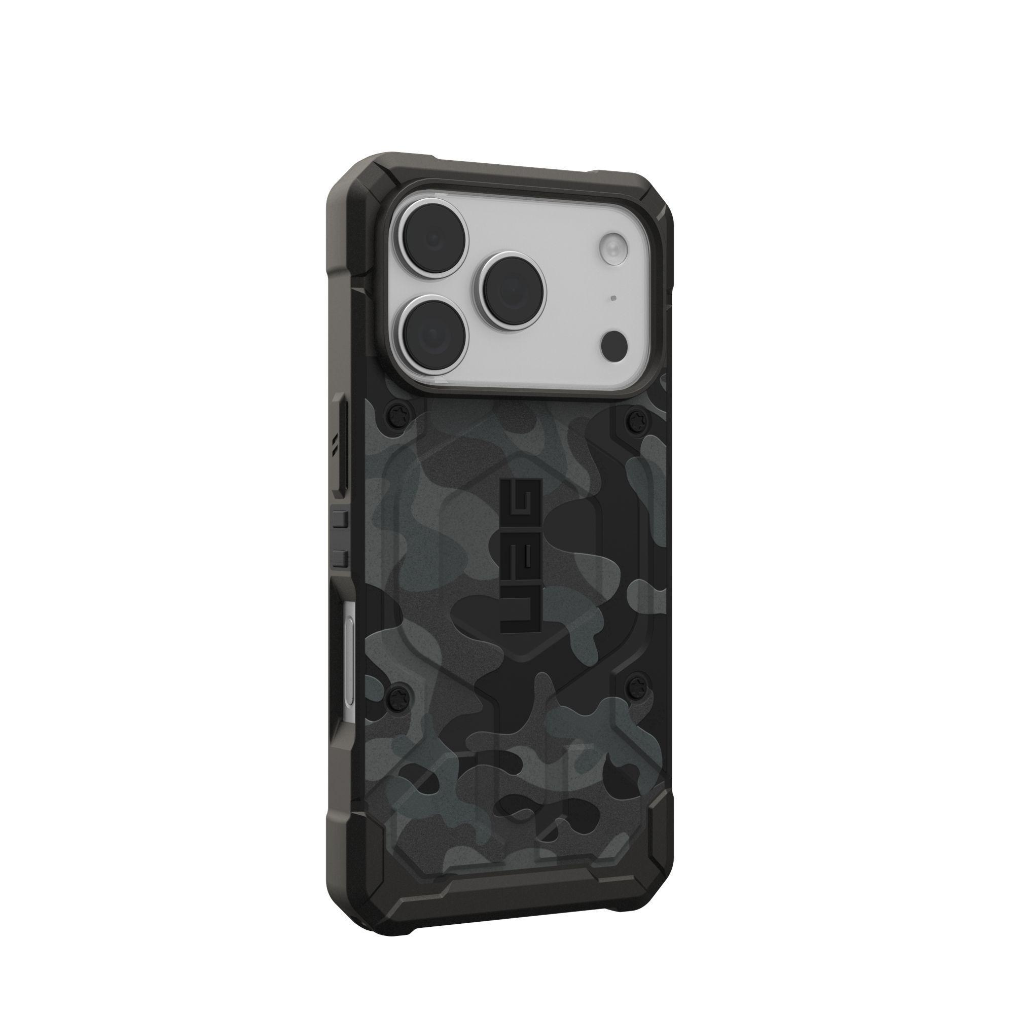 Eine schwarze iPhone-Hülle mit grauem Tarnmuster und dem UAG-Logo.
