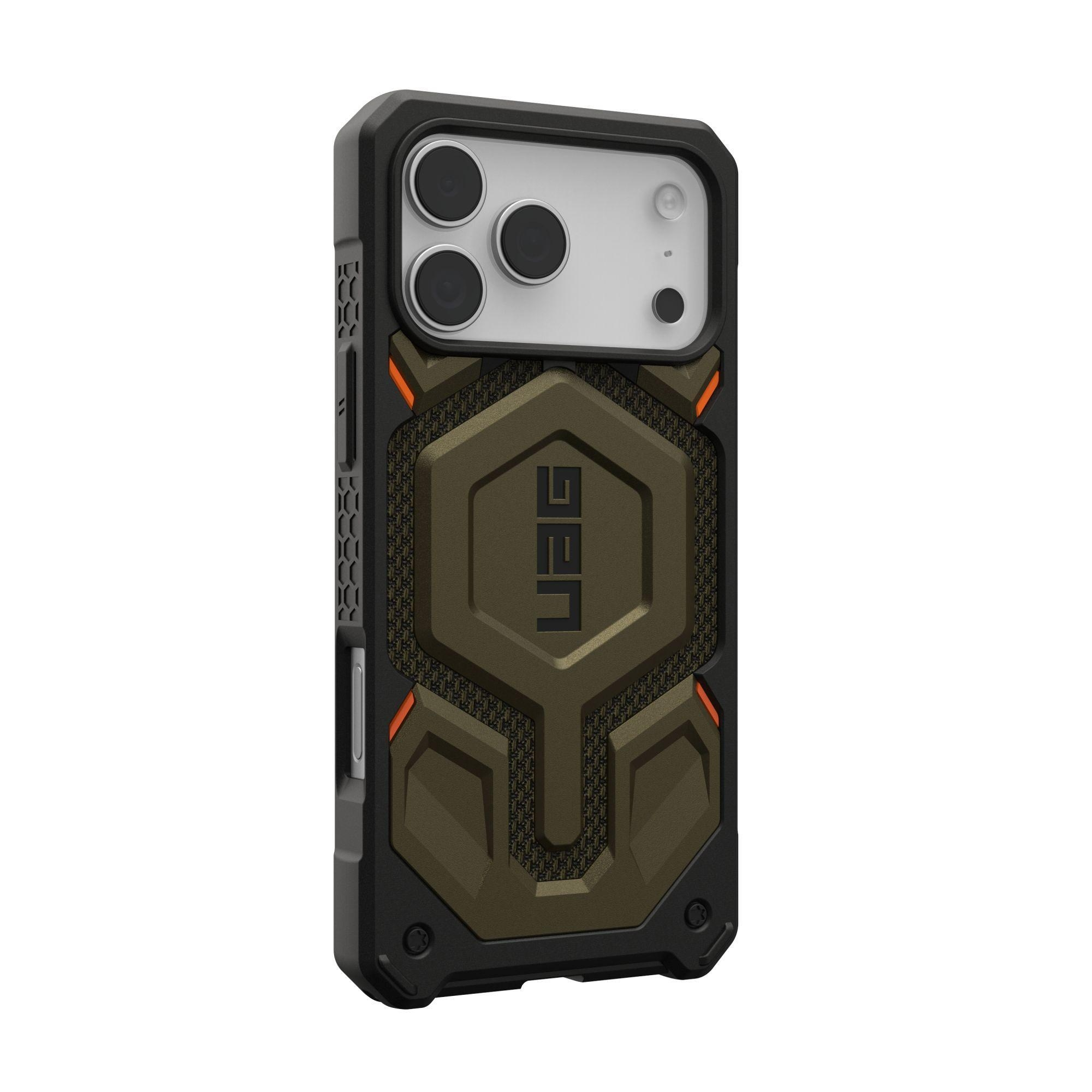 Una funda de teléfono negra y verde oliva con el logotipo de UAG. Tiene tres recortes para la cámara y detalles en naranja.