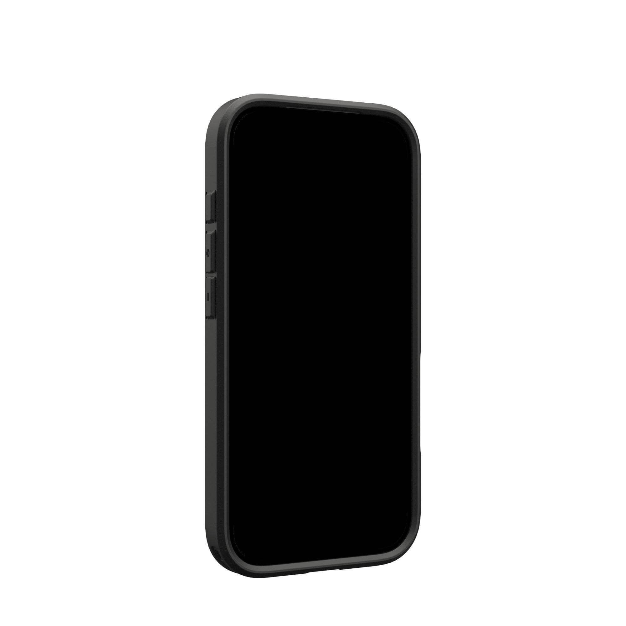 Een zwarte smartphone in een zwarte hoes staat rechtop tegen een witte achtergrond. Het scherm is zwart.
