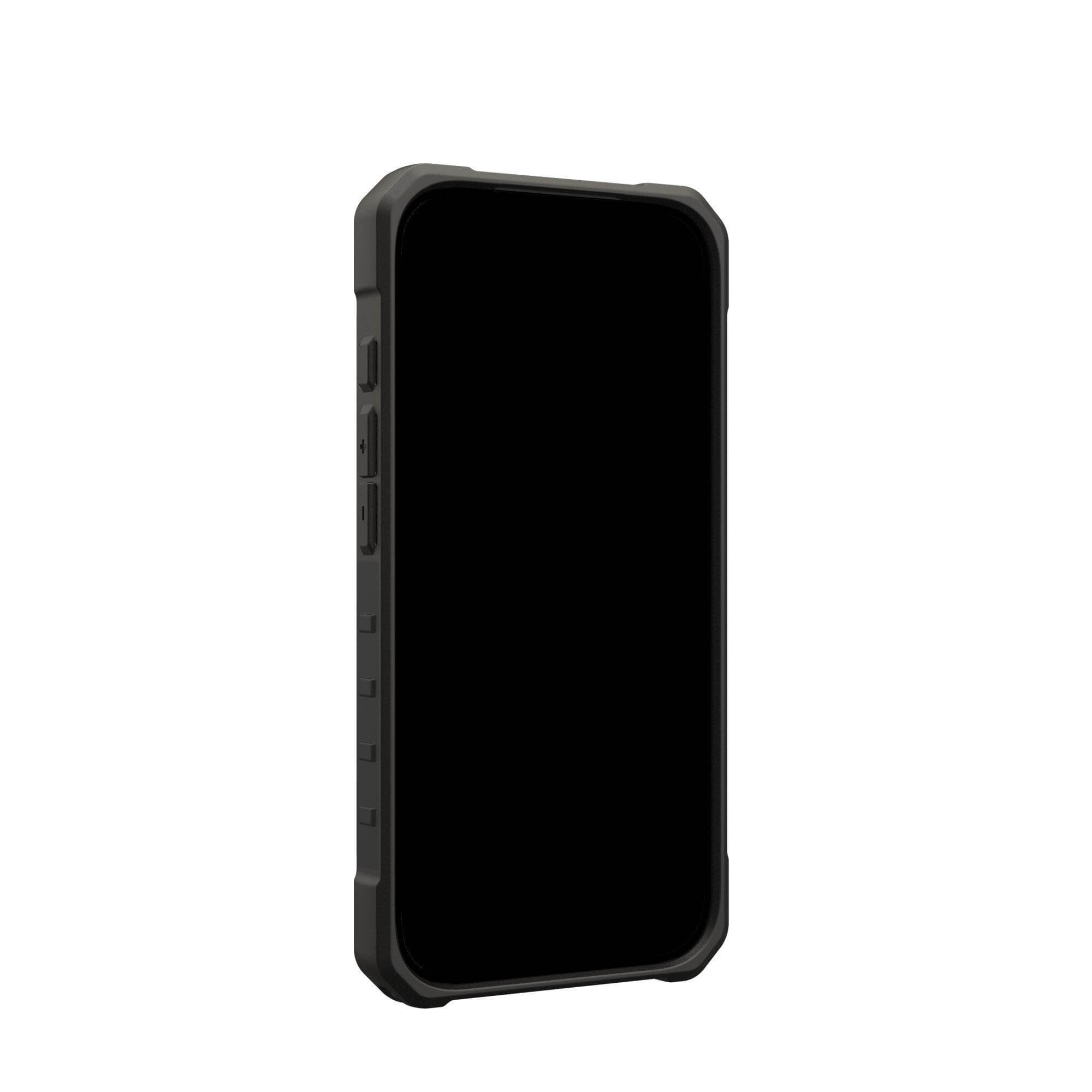 Ein schwarzes Smartphone in einer grauen Schutzhülle auf weißem Hintergrund.