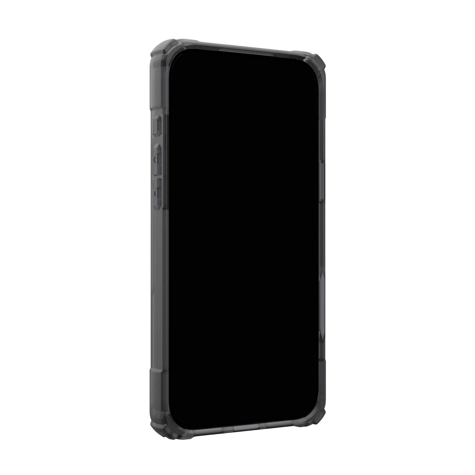 Uno smartphone in una custodia grigia. Il telefono ha uno schermo nero. Lo sfondo è bianco.