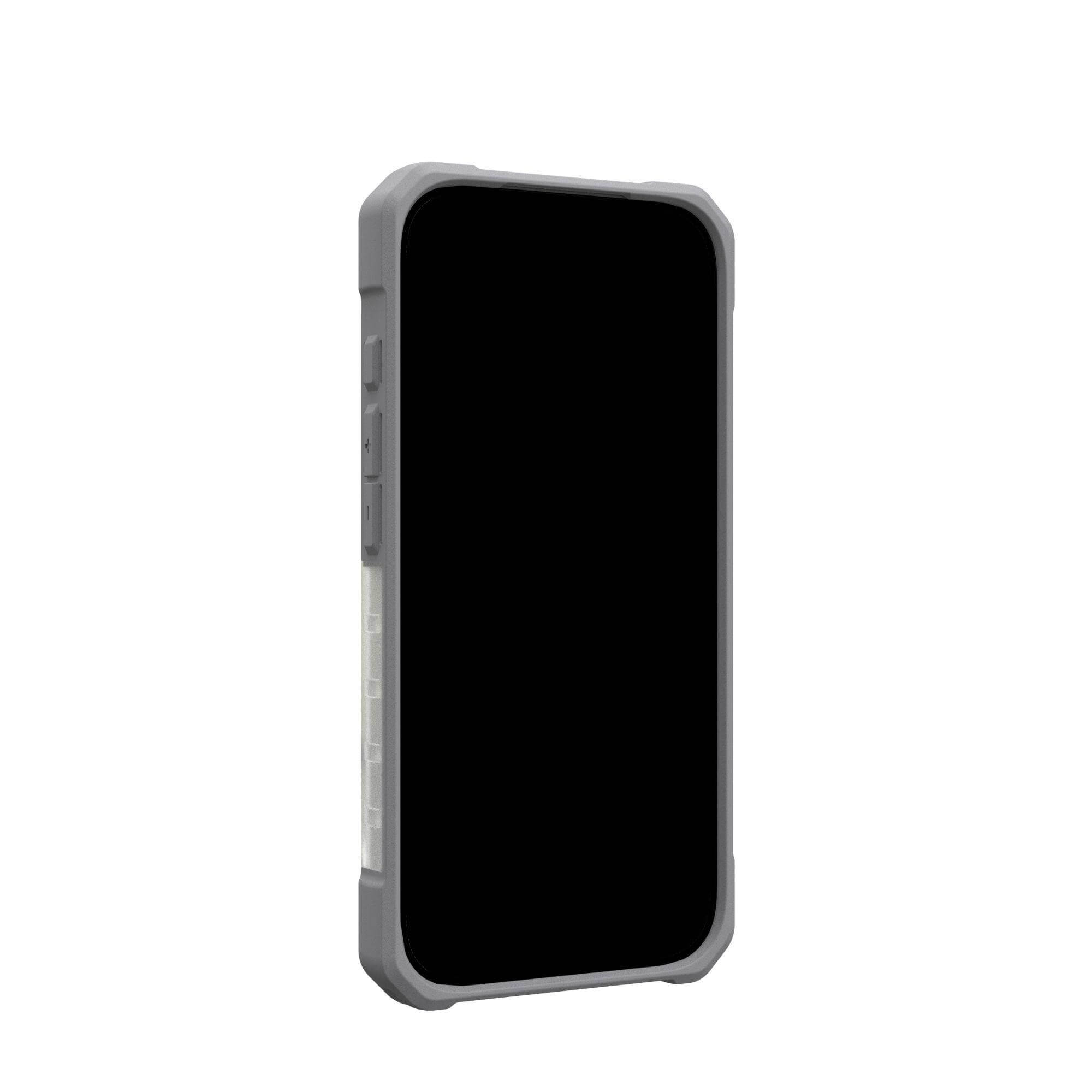 Szare etui na telefon z czarnym ekranem. Etui jest na białym tle, telefon jest pionowy.