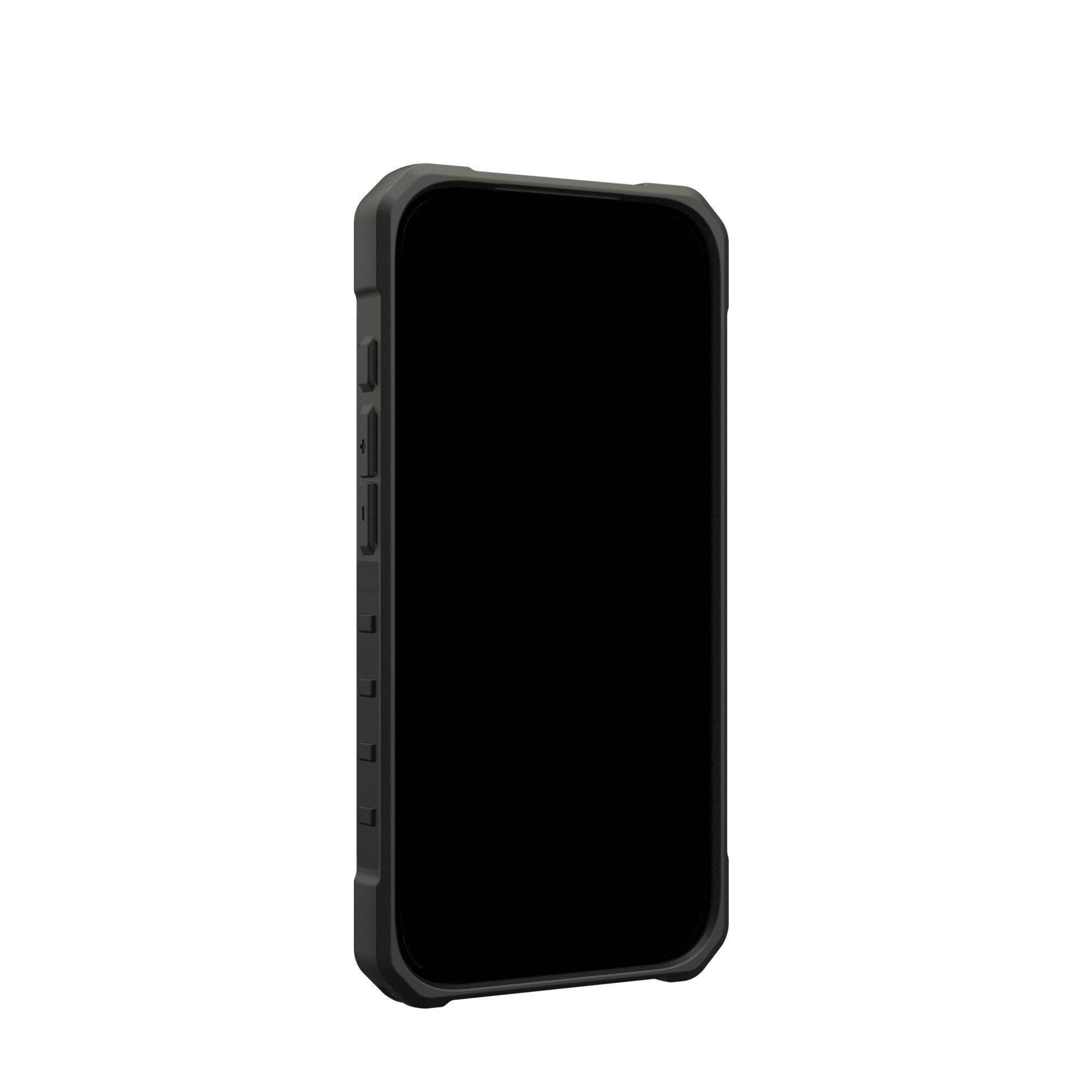 Ein schwarzes Smartphone befindet sich in einer dunkelgrauen Schutzhülle. Der Bildschirm ist ausgeschaltet und zeigt eine schwarze Anzeige.