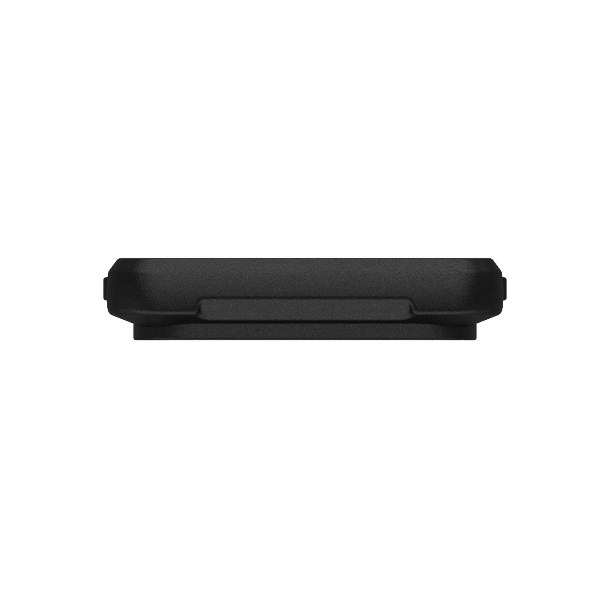 Un dispositivo negro y rectangular, posiblemente un smartphone o un gadget similar, está en horizontal sobre fondo blanco.