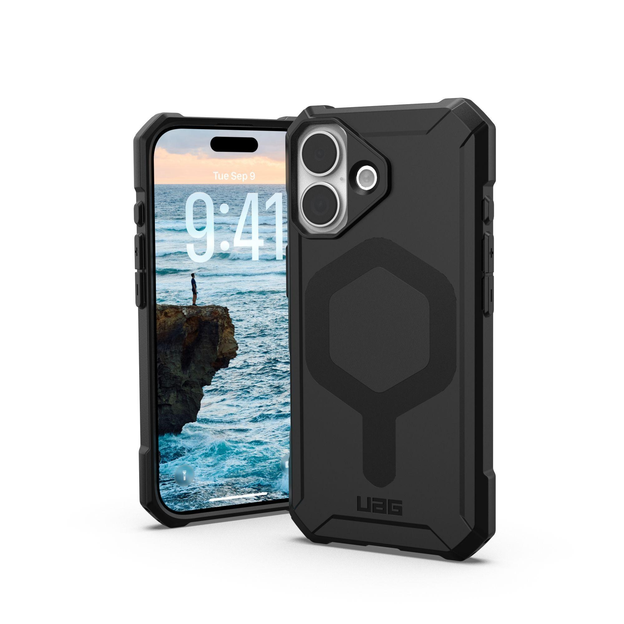 Schwarzes iPhone mit Hülle. Telefon zeigt Zeit und eine Person auf einem Felsen. Die Hülle ist schwarz und robust.