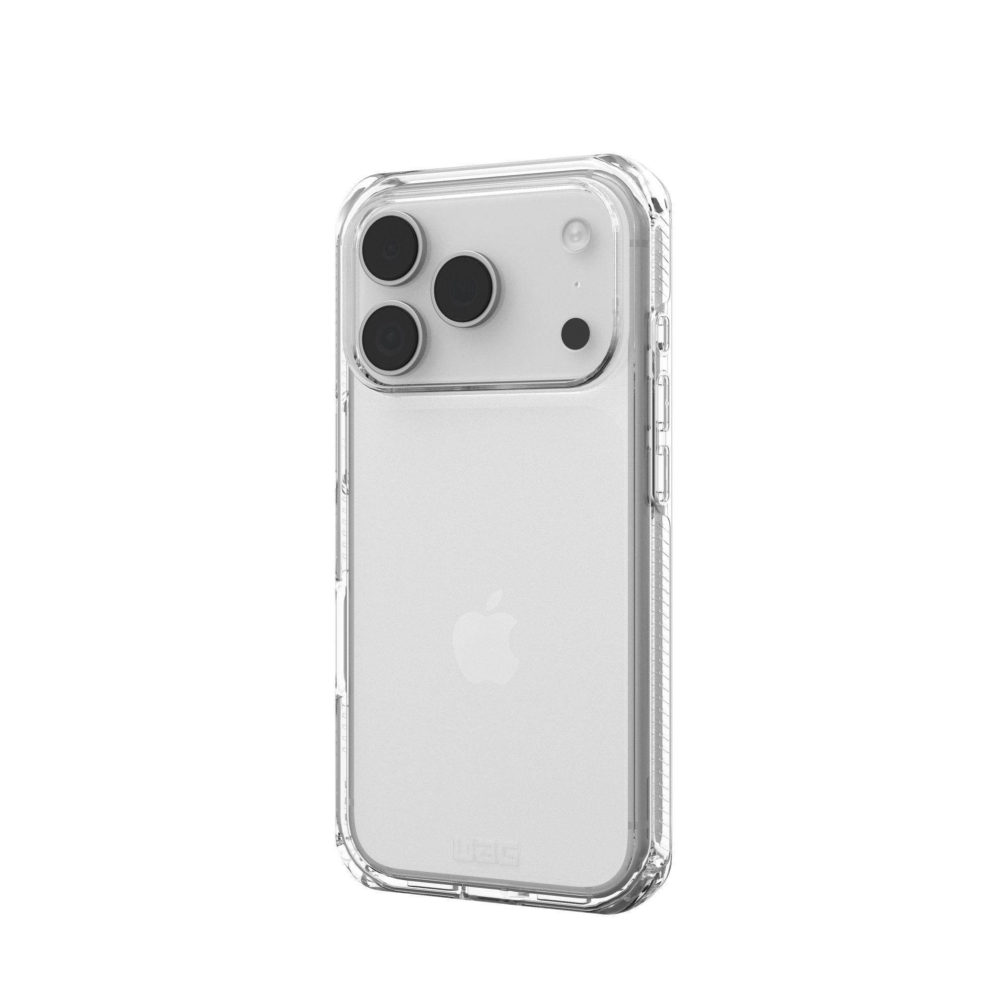 Transparente Handyhülle auf weißem Hintergrund. Sichtbare Telefonkameras und Apple-Logo. UAG-Marke sichtbar.