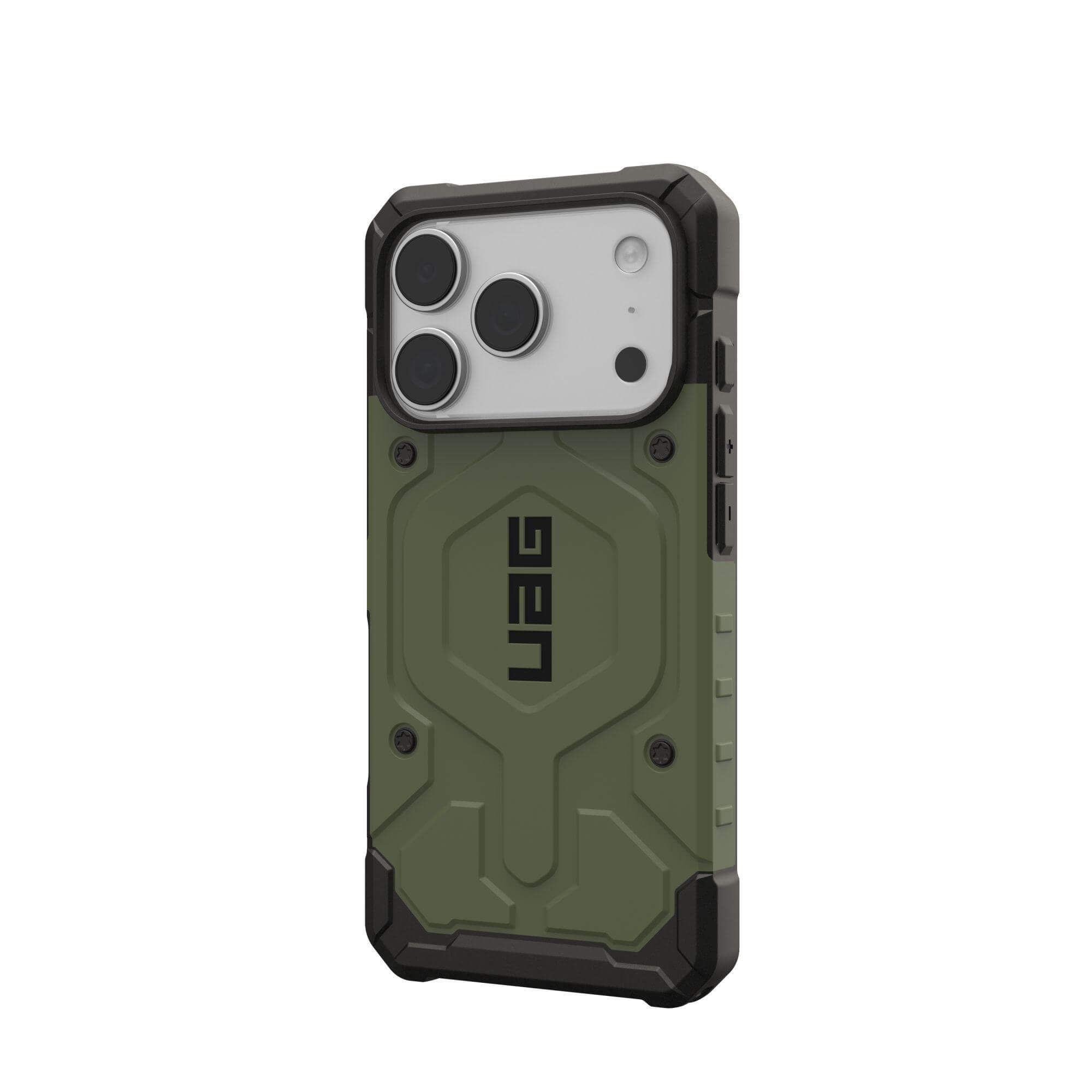 Eine olivgrüne Handyhülle mit schwarzem Rahmen. Die Hülle bedeckt ein Telefon mit drei Kameralinsen. Das UAG-Logo ist sichtbar.
