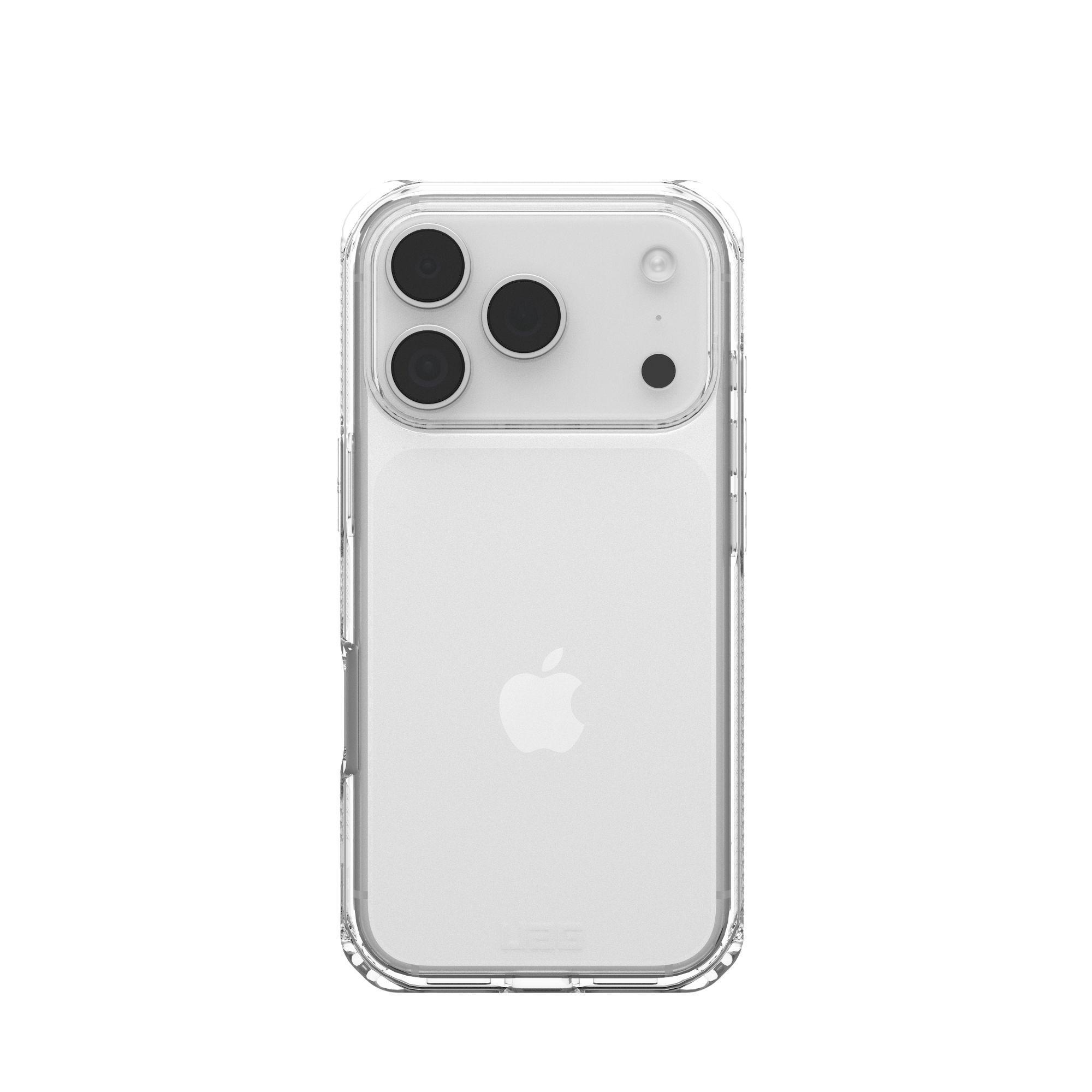 Ein iPhone in einer durchsichtigen Hülle. Das Telefon ist weiß mit schwarzen Kameralinsen und einem Apple-Logo.