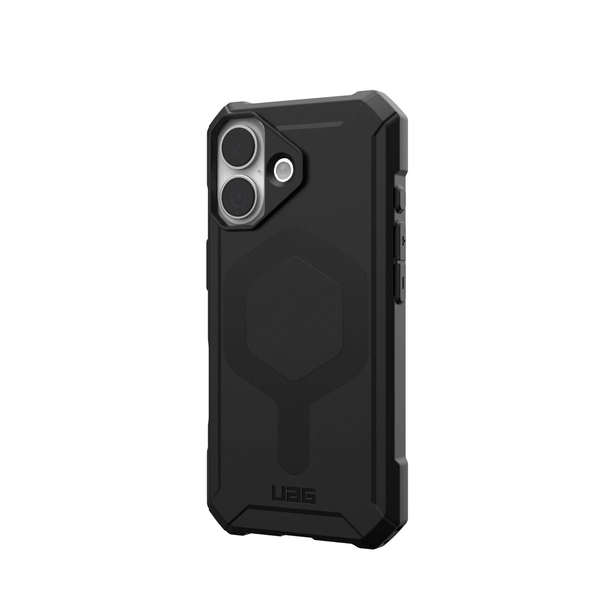 Eine schwarze Handyhülle mit Kameraausschnitten und UAG-Logo. Sie hat ein robustes Design und ist auf weißem Hintergrund isoliert.
