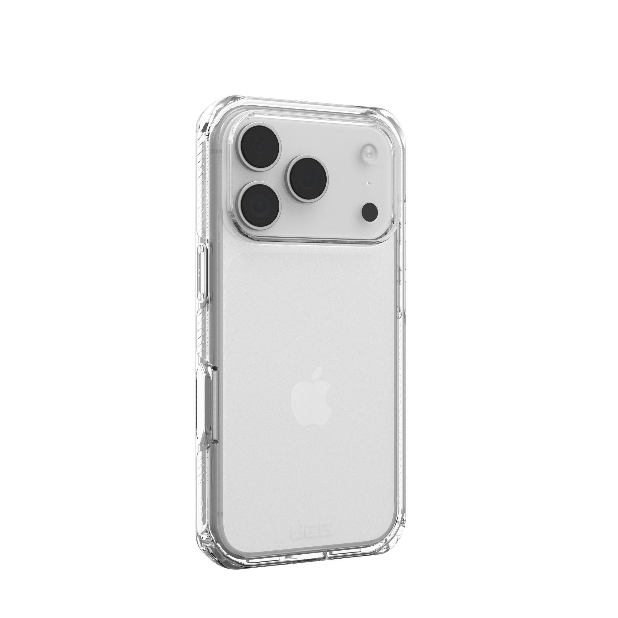 Transparente Handyhülle mit iPhone. Kameras und Apple-Logo sichtbar. Die Hülle hat ein UAG-Logo.
