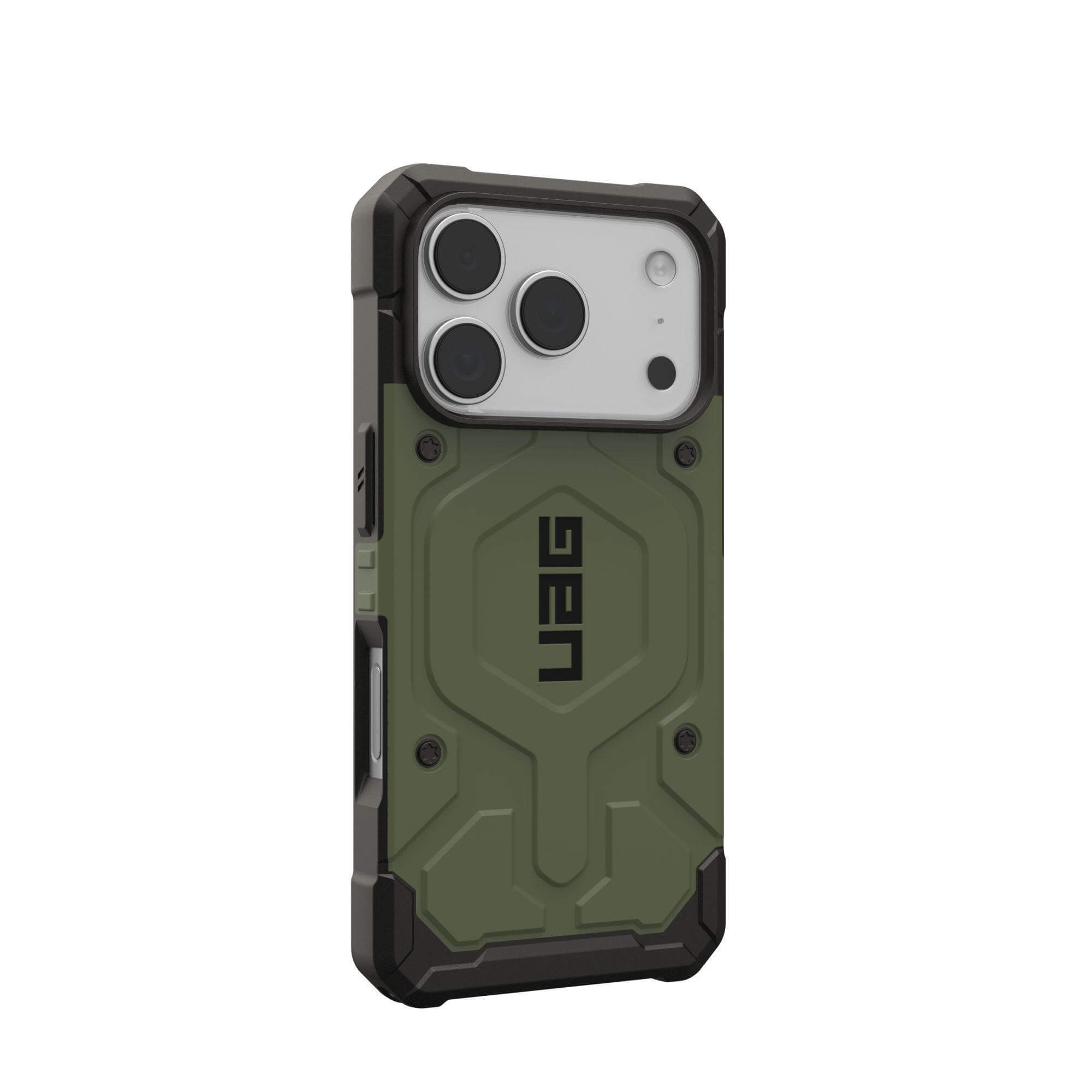 Eine olivgrüne Handyhülle mit schwarzen Akzenten und dem Markennamen UAG. Die Hülle bedeckt ein Telefon mit mehreren Kameralinsen.