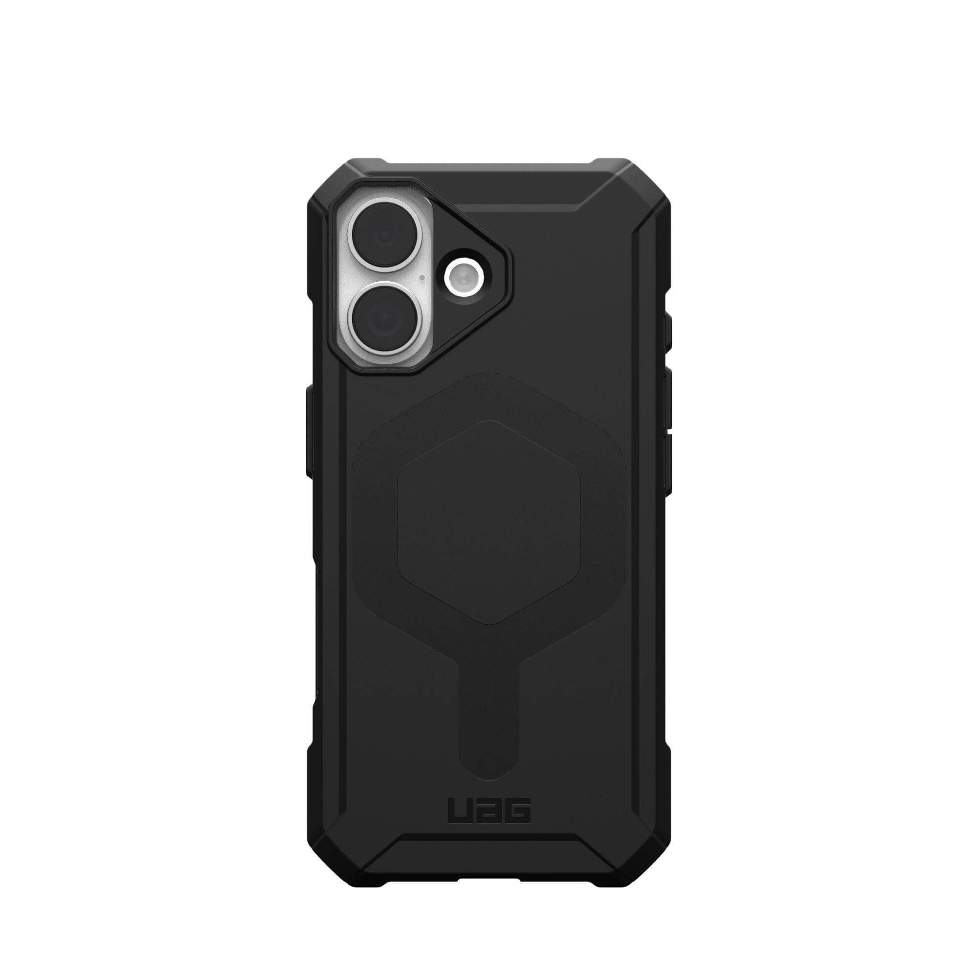 Schwarze Handyhülle auf weißem Hintergrund. Die Hülle hat einen Kameraausschnitt, eine Sechseckform und ein UAG-Logo.
