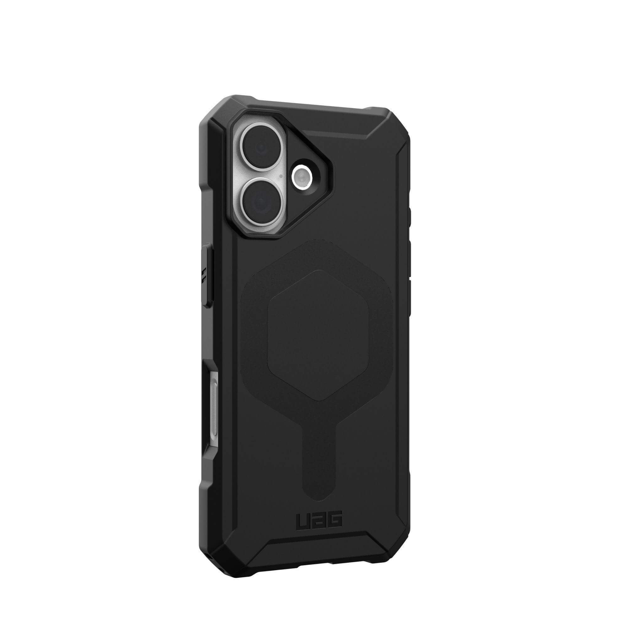 Eine schwarze Handyhülle mit Kameraausschnitten und einem sechseckigen Design auf weißem Hintergrund.