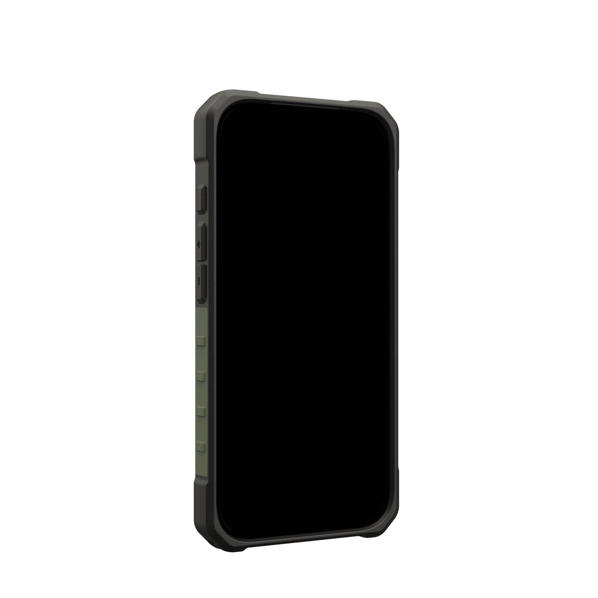 Ein Smartphone in einer Schutzhülle vor weißem Hintergrund. Die Hülle ist grau und olivgrün.