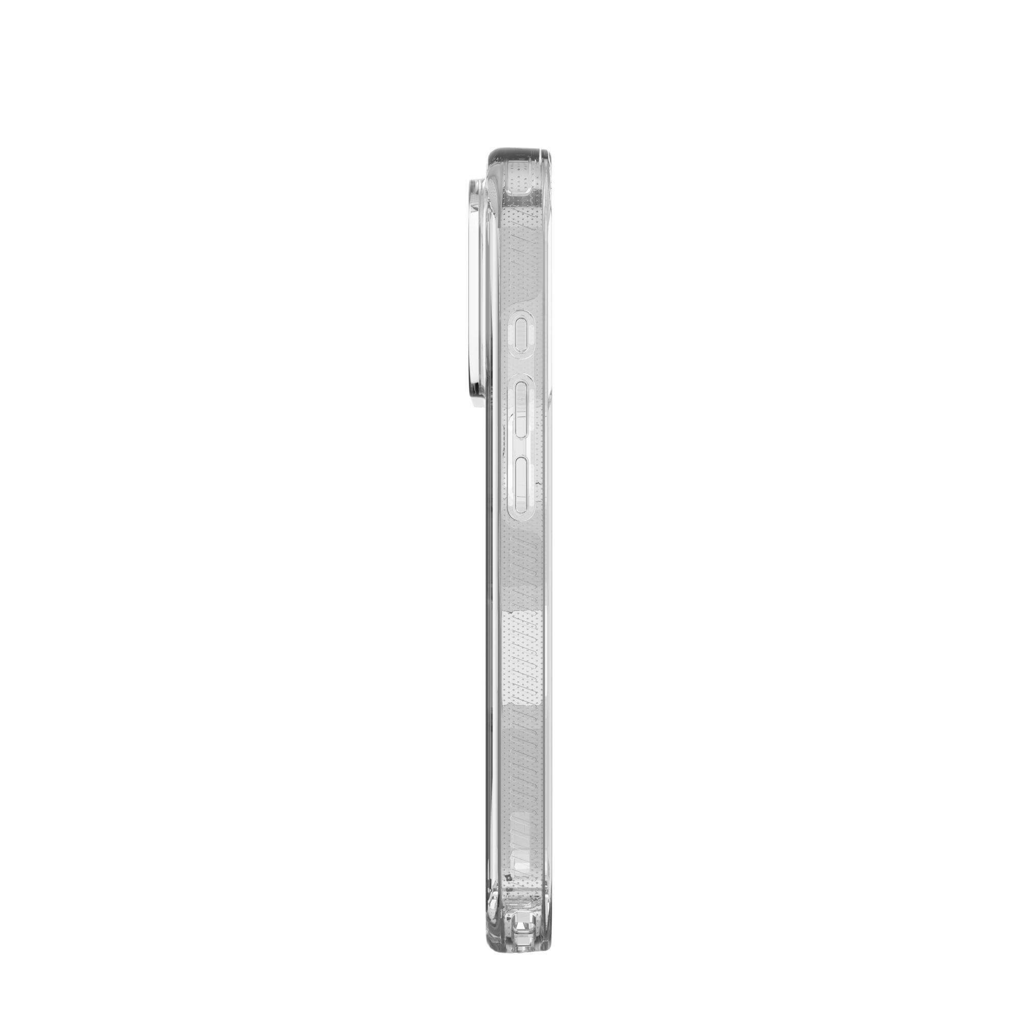 Eine durchsichtige Handyhülle wird von der Seite gezeigt. Es hat Knöpfe und ein transparentes Design.