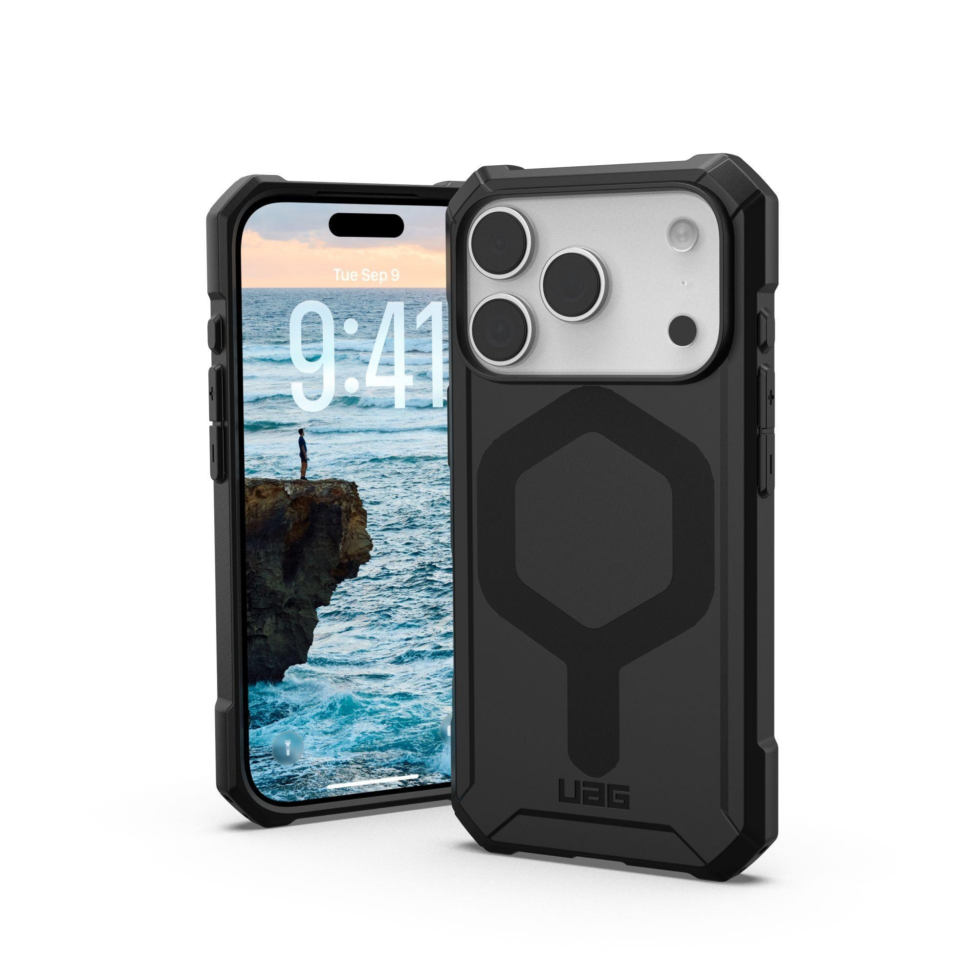 Czarny iPhone z etui. Wyświetlacz pokazuje mężczyznę na klifie. Godzina to 9:41. Etui ma logo.