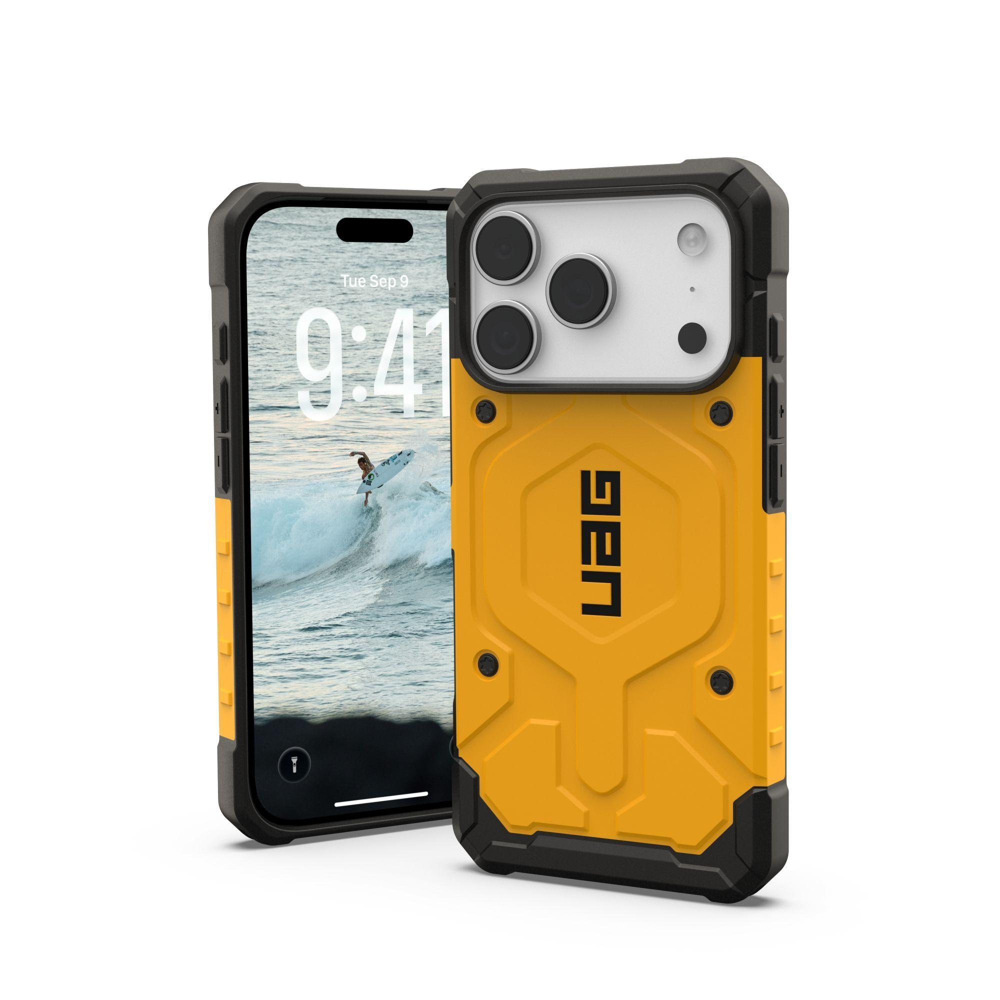 Zwei Telefone mit Hüllen werden angezeigt. Eines zeigt einen Surfer auf einer Welle. Die Hüllen sind schwarz und gelb mit einem Logo.