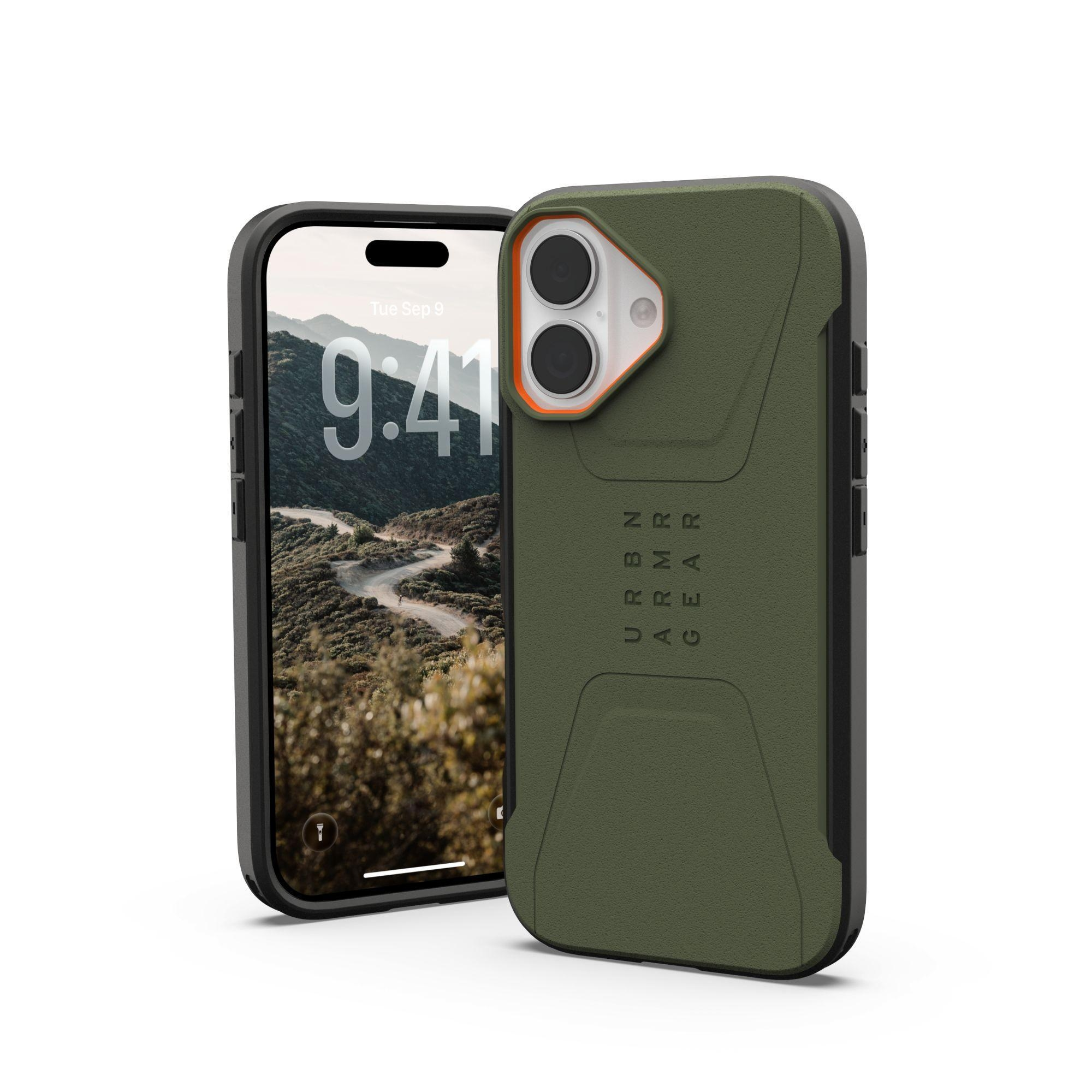 Un smartphone avec une coque verte. L'écran affiche un paysage et l'heure. La coque porte l'étiquette 'URBAN ARMOR GEAR'.