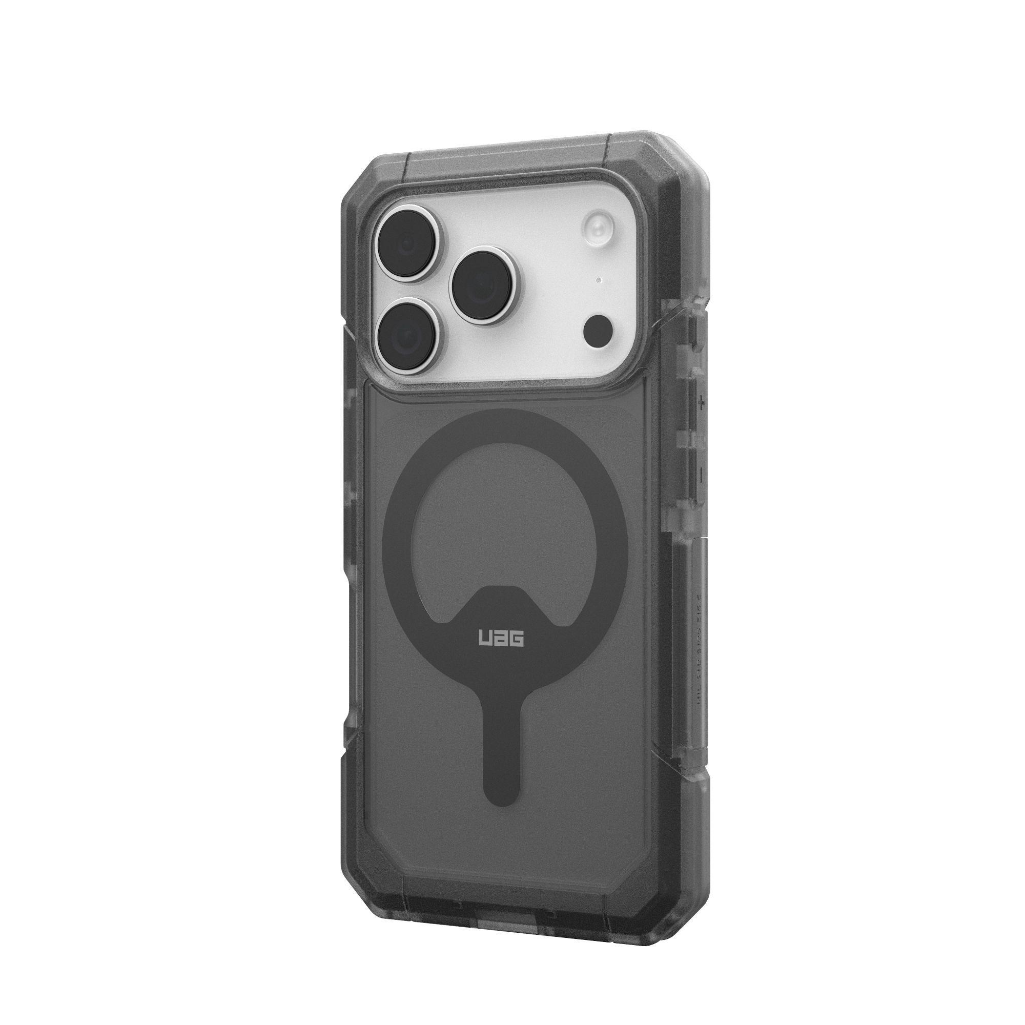Przezroczyste etui na telefon z czarną ramką, przeznaczone do telefonu z trzema obiektywami. Etui ma magnetyczne koło.