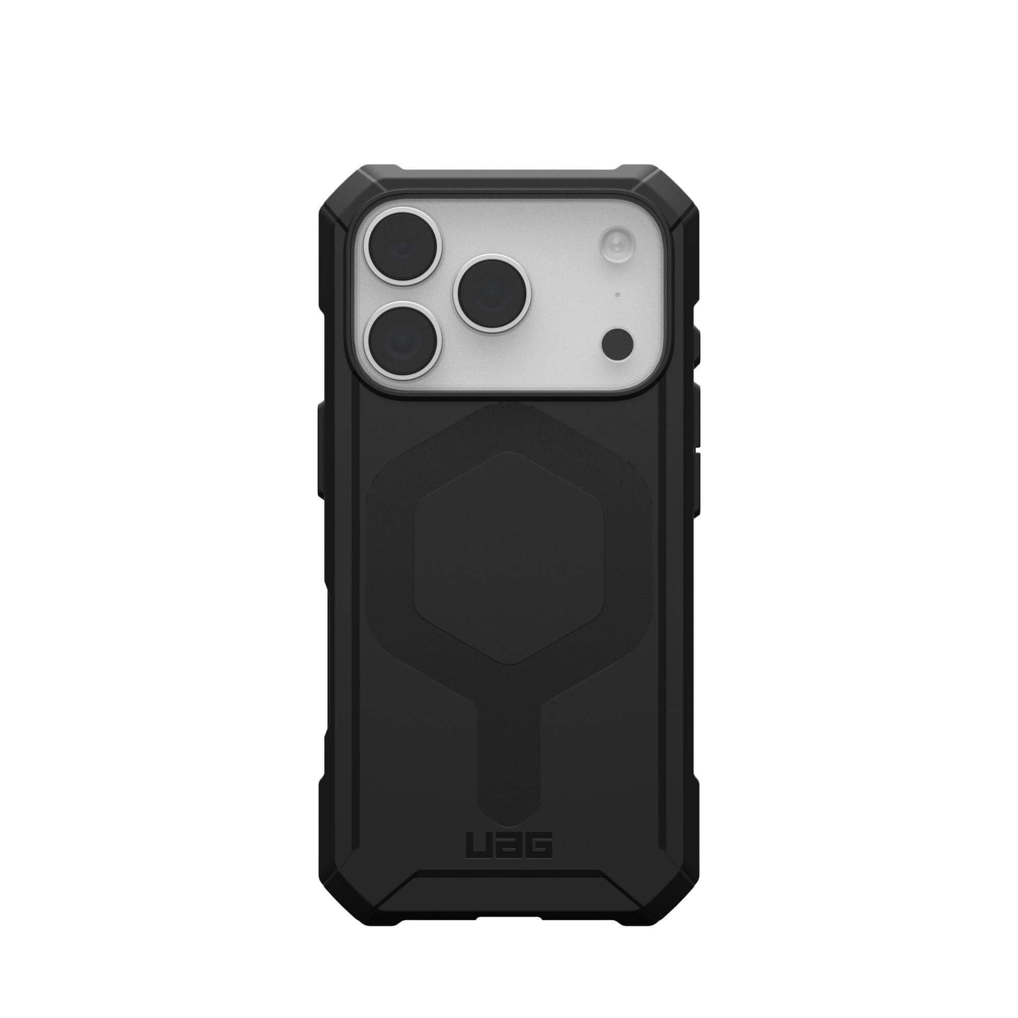 Czarne etui na telefon ze srebrną sekcją kamery, trzema obiektywami i lampą błyskową. Logo UAG na dole.
