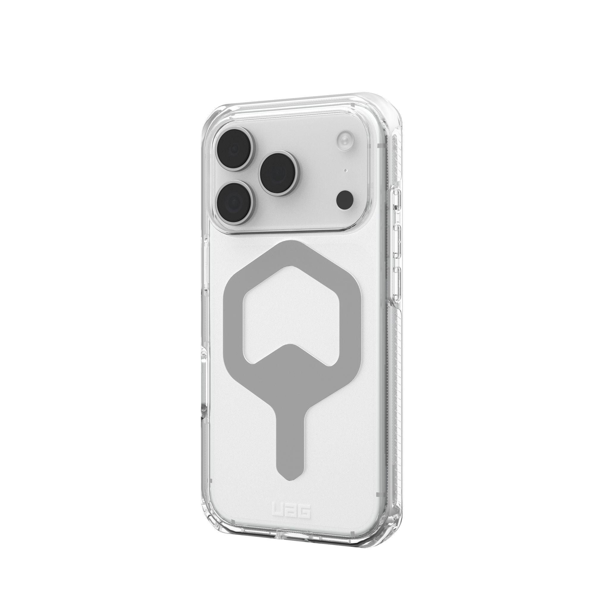 Una custodia trasparente per telefono con design grigio. Il telefono ha tre obiettivi. Lo sfondo è bianco.