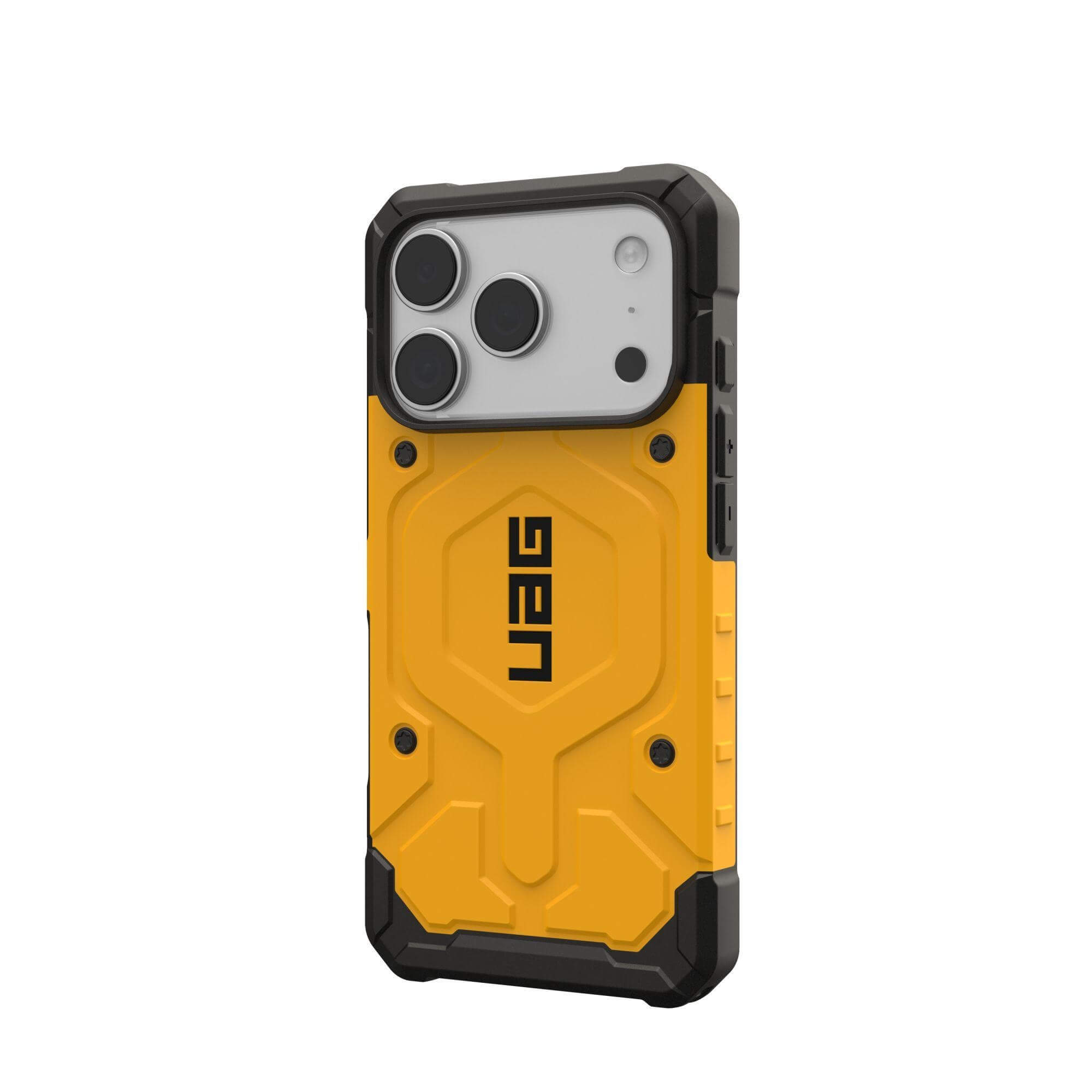 Gelb-schwarze Handyhülle mit UAG-Logo. Die Hülle hat Kameraausschnitte und Knöpfe. Sie befindet sich auf weißem Hintergrund.