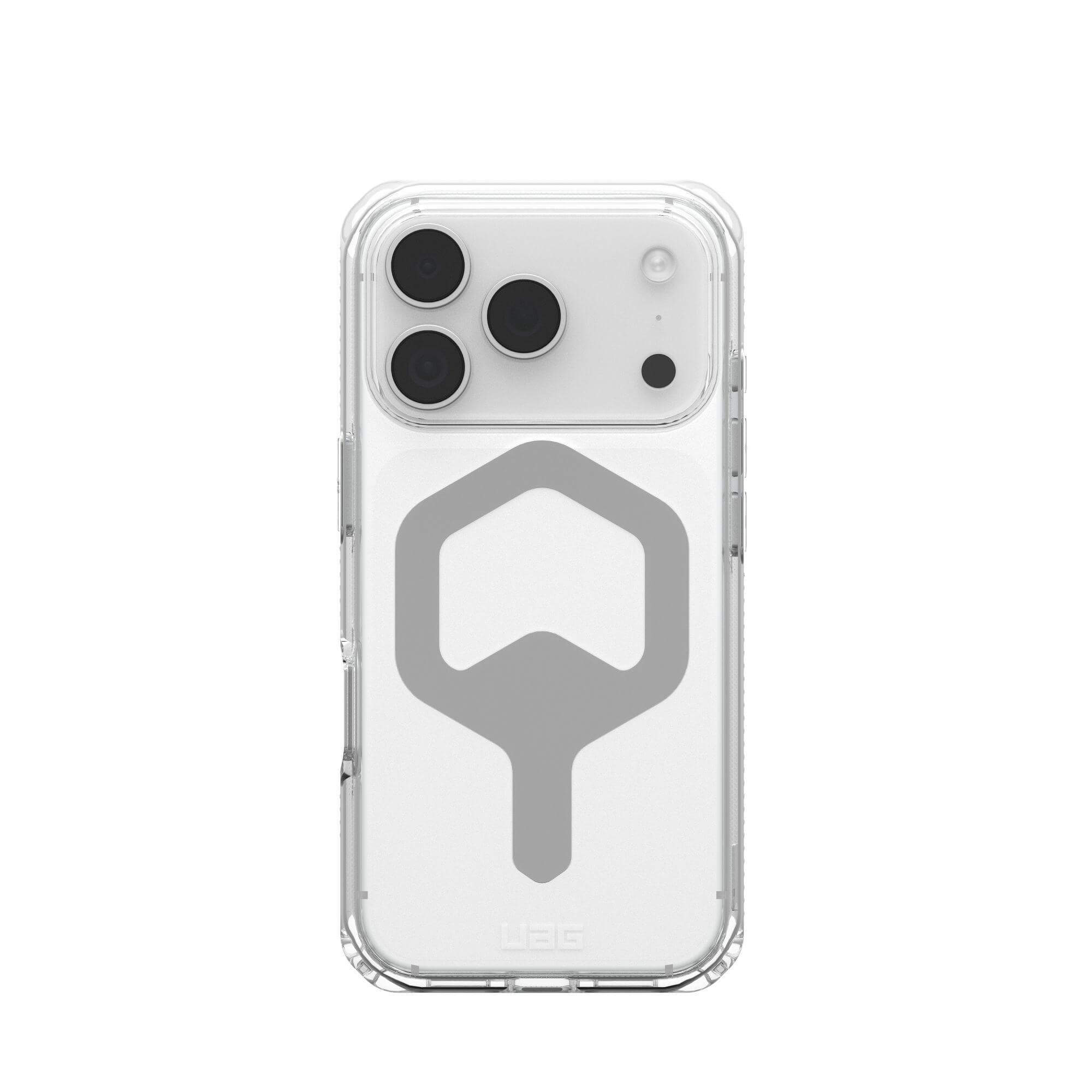 Custodia trasparente per telefono con design geometrico grigio. Il telefono ha tre obiettivi e un flash.