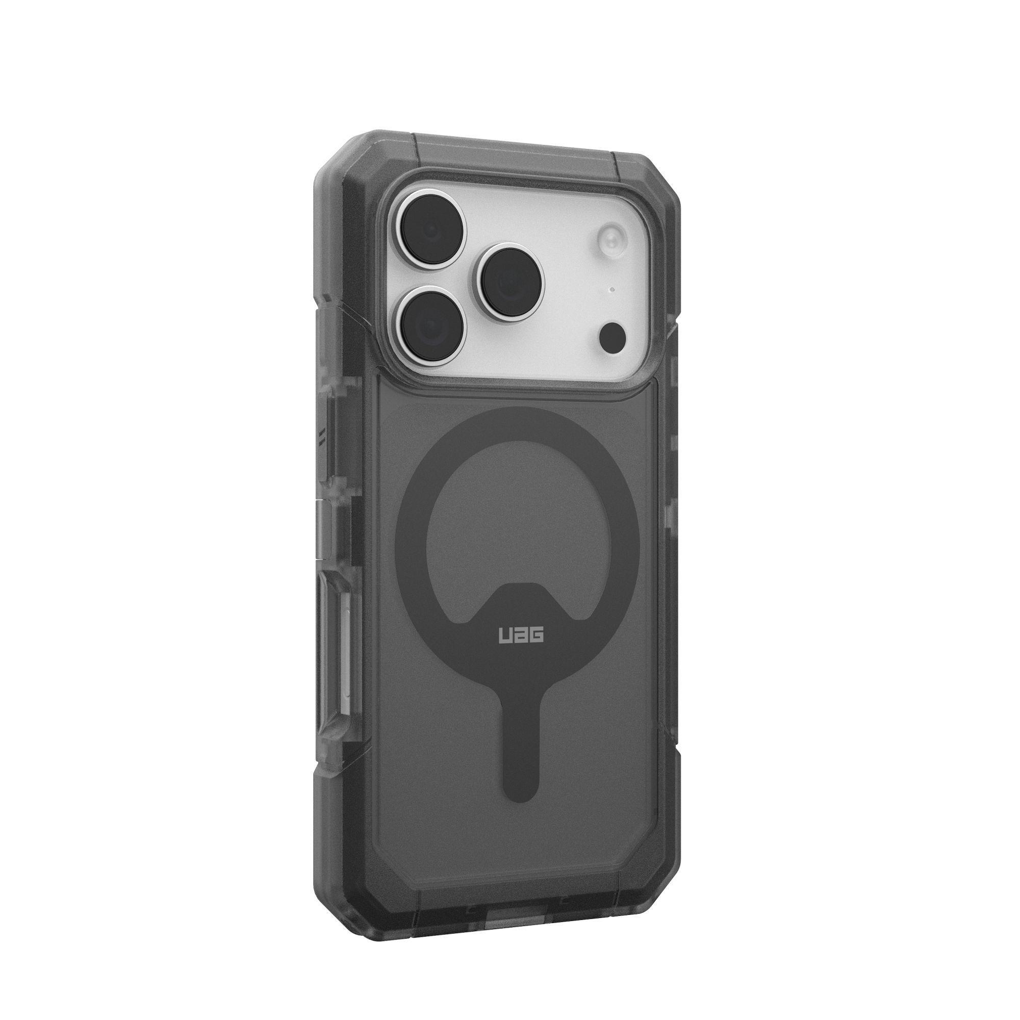 Przezroczyste szare etui na telefon z wycięciem na aparat i logo UAG.