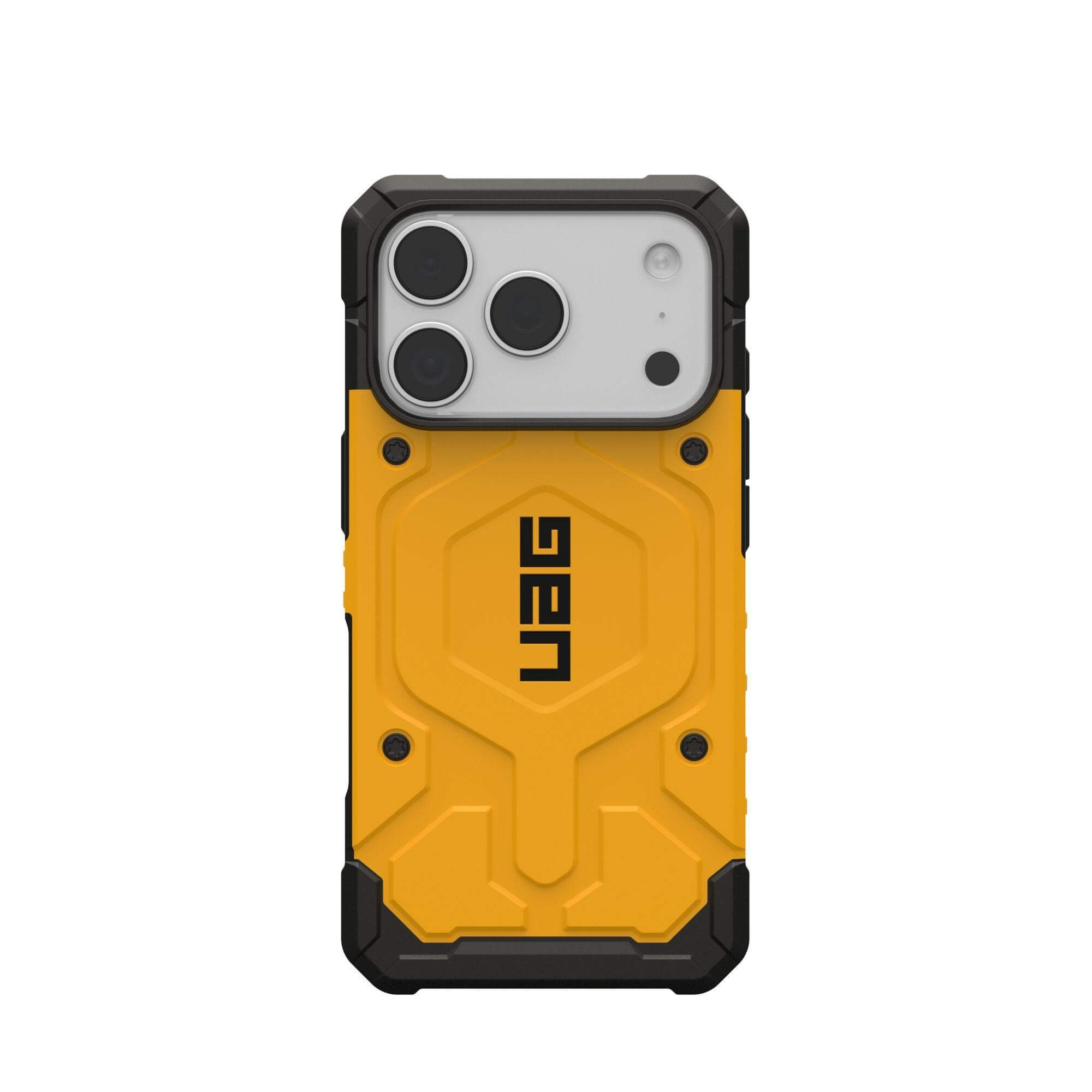 Gelb-schwarze Handyhülle mit UAG-Logo. Sie hat einen Kameraausschnitt oben und ein robustes Design.