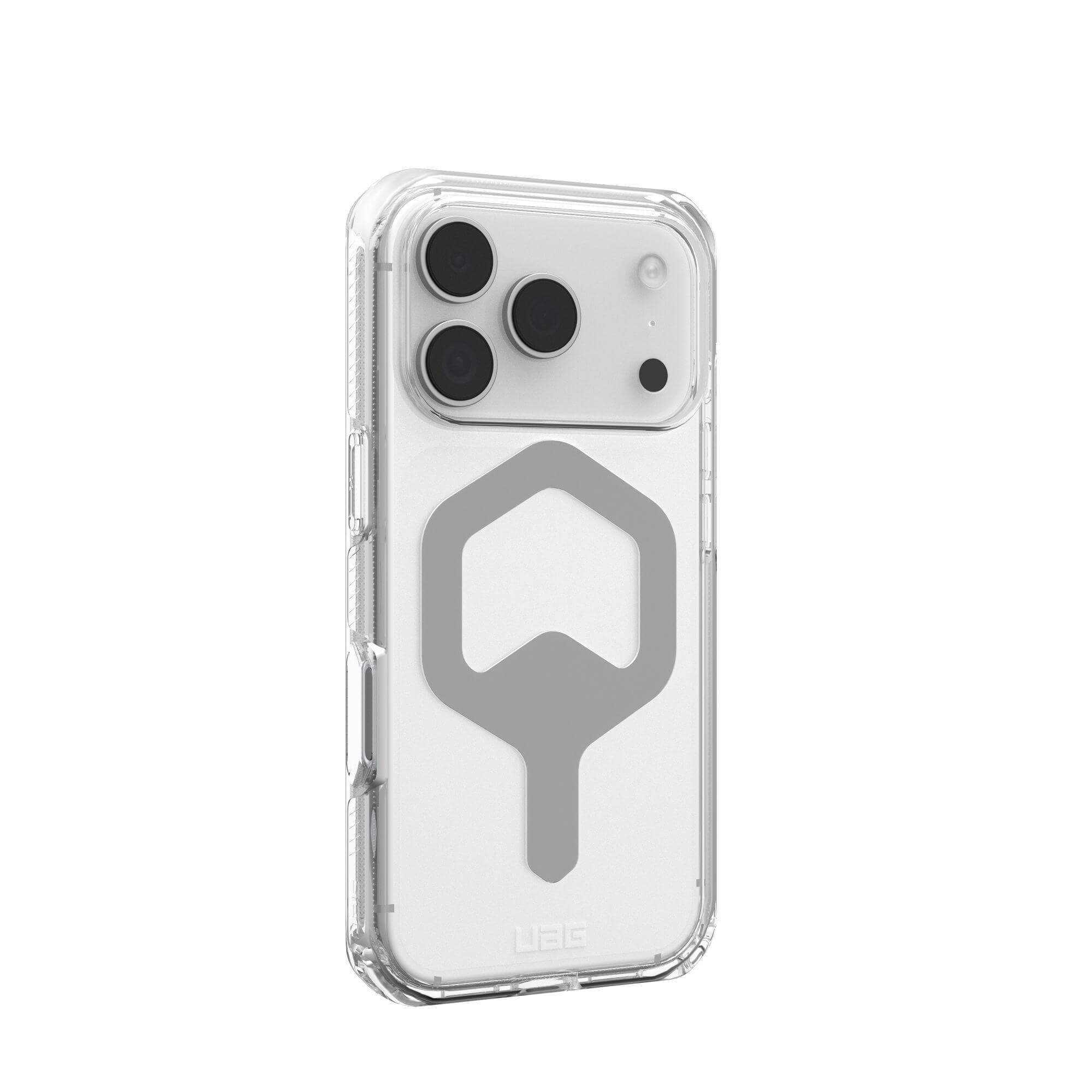 Custodia trasparente per telefono con design grigio e tre obiettivi della fotocamera. La custodia ha un logo UAG in basso.