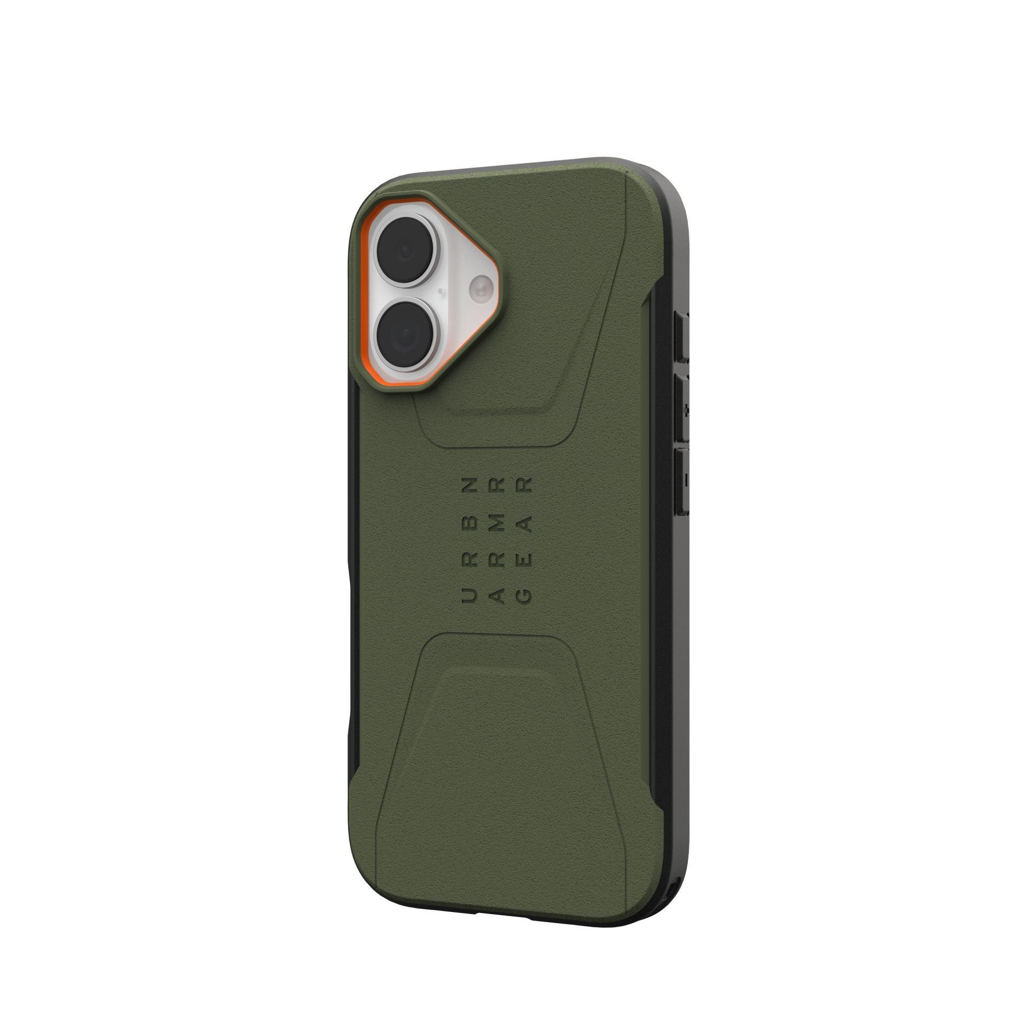 Une coque de téléphone verte avec des bords noirs. La zone de la caméra a un accent orange. La coque porte les mots URBN ARM GEAR.
