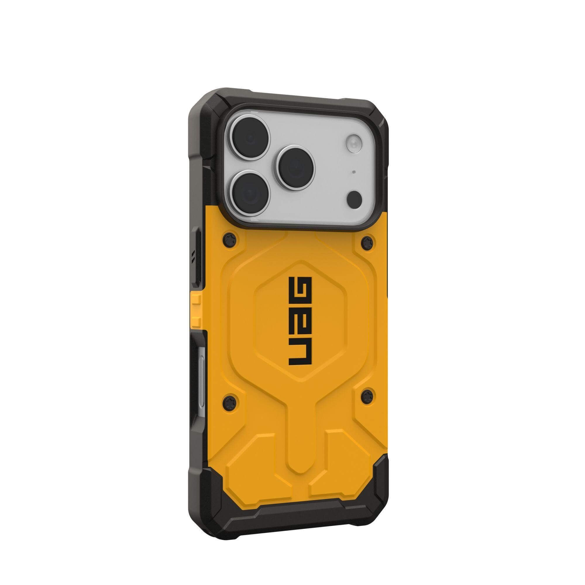Gelb-schwarze Handyhülle mit UAG-Logo, zeigt Kameralinsen auf weißem Hintergrund.