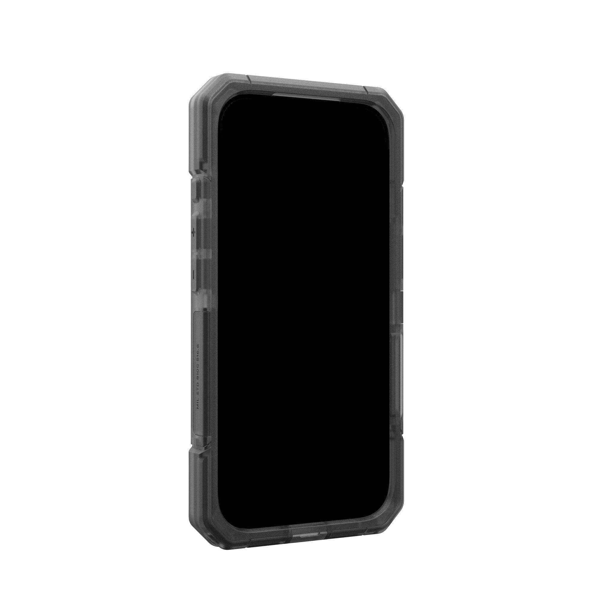 Telefon w szarej, wytrzymałej obudowie jest wyśrodkowany na białym tle. Ekran jest czarny. Obudowa ma tekst z boku.