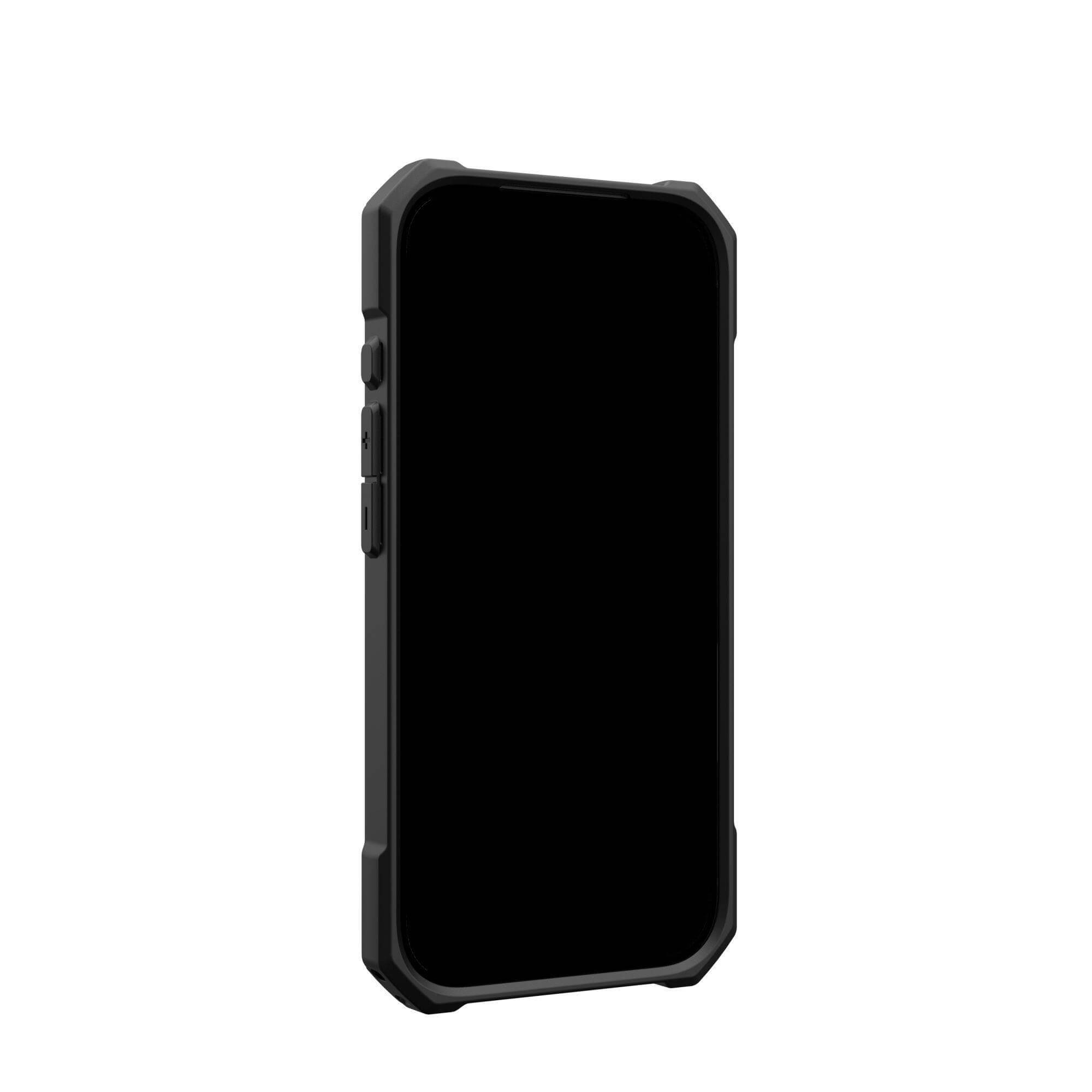 Czarny smartfon w czarnym, wytrzymałym etui, na białym tle. Przyciski są widoczne z boku telefonu.