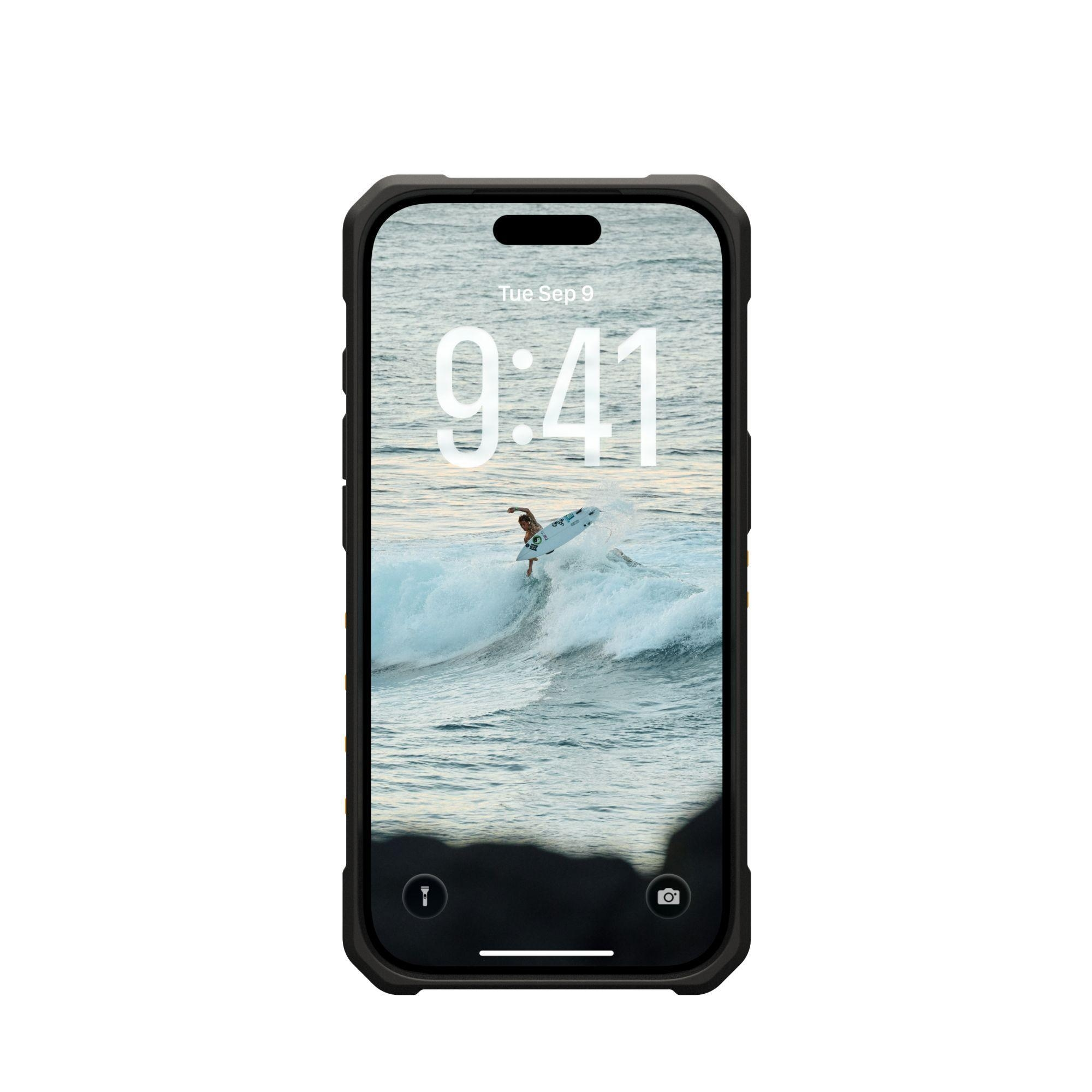 Ein Telefon zeigt einen Surfer auf einer Welle. Der Bildschirm zeigt die Uhrzeit 9:41 und das Datum Dienstag, 9. September.