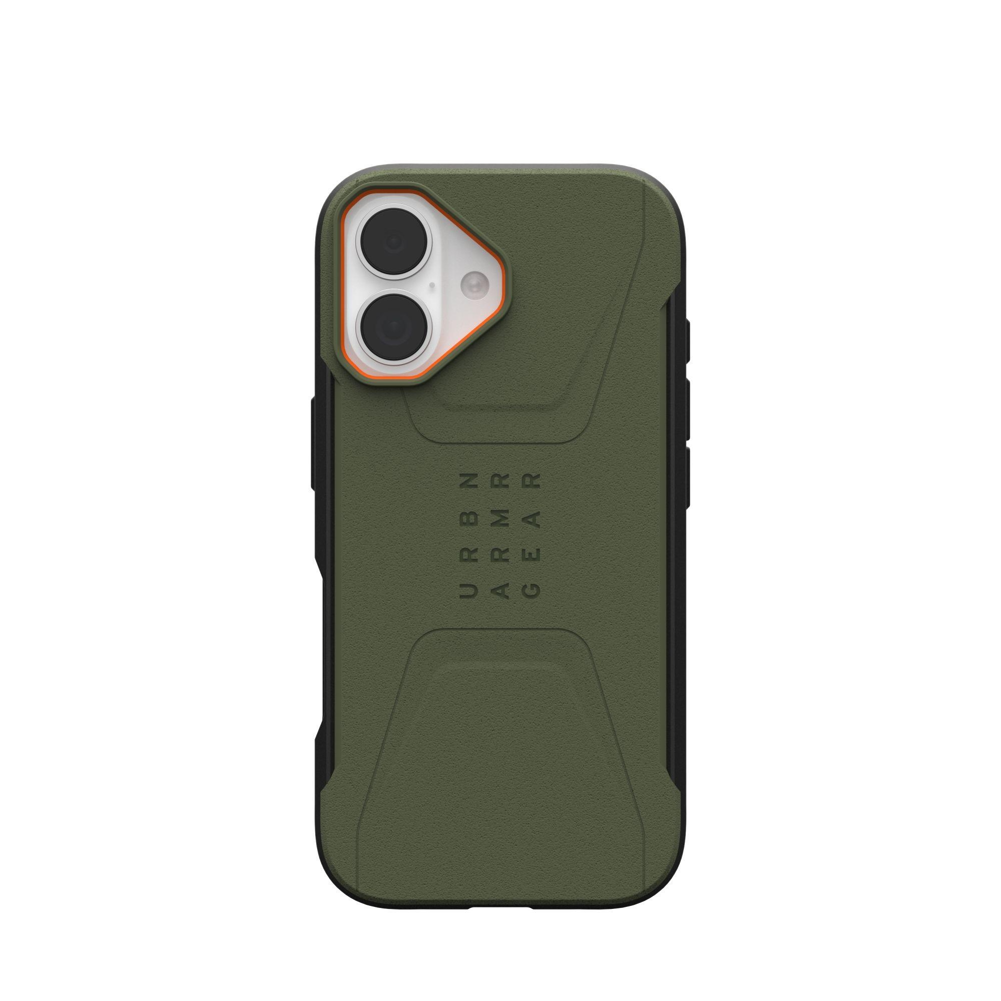 Une coque de téléphone verte avec le logo URBN ARMOR GEAR. Elle comporte une découpe pour la caméra avec des accents orange.