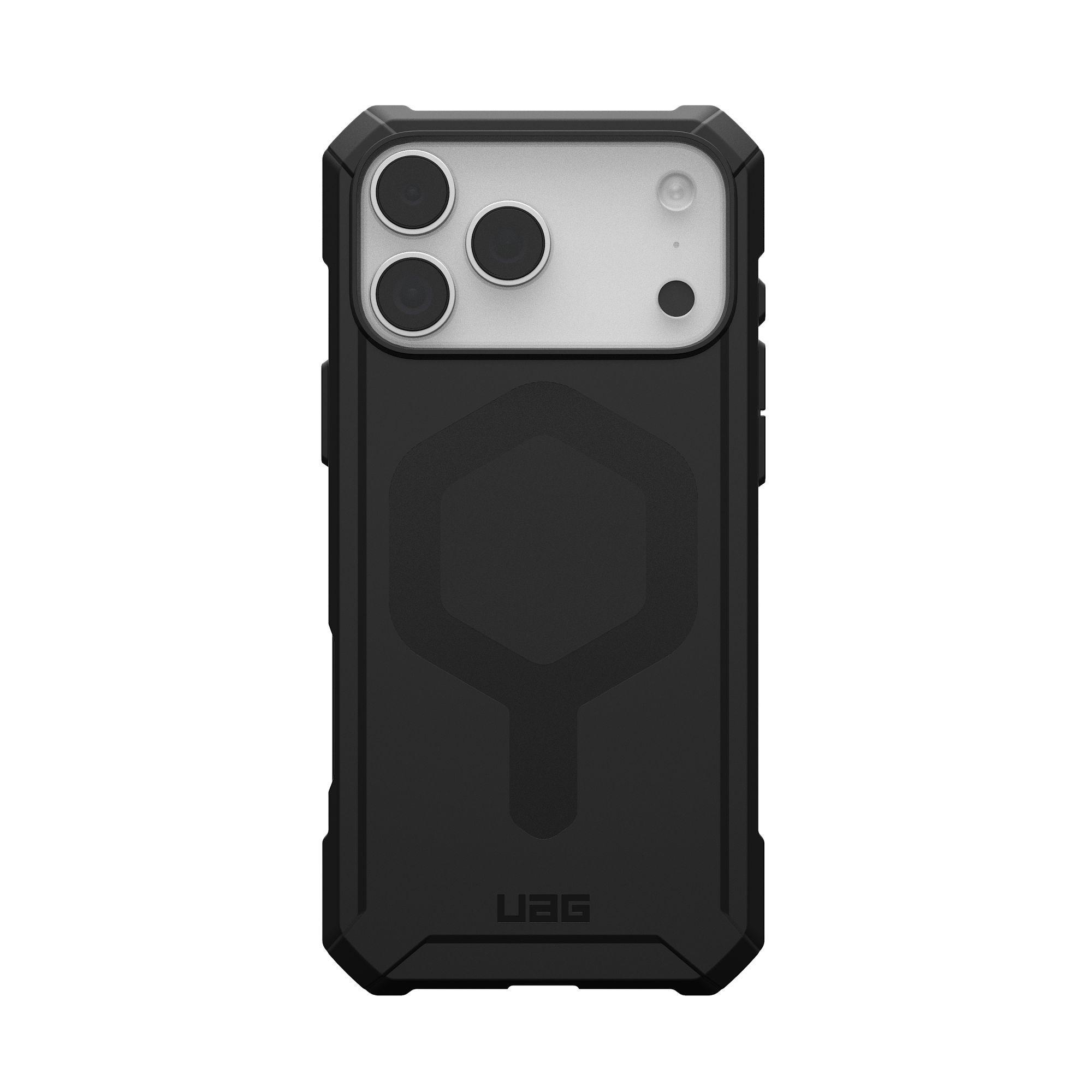 Schwarze Handyhülle mit silbernem Kamerabereich. Die Hülle hat ein geometrisches Design. Das UAG-Logo befindet sich unten.