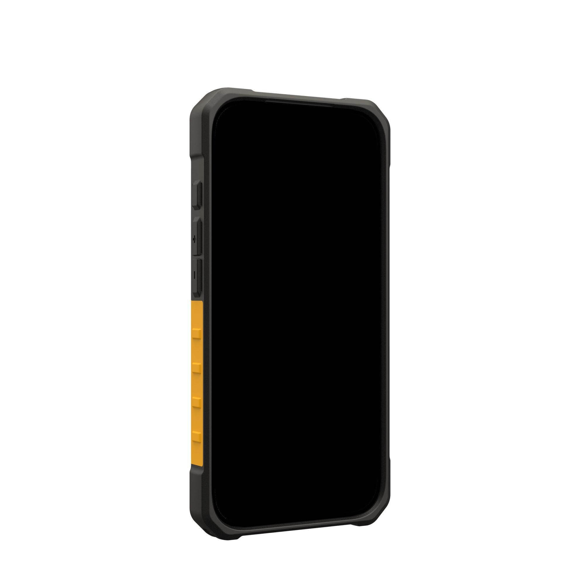 Ein schwarzes Smartphone in einer Schutzhülle. Die Hülle ist schwarz und gelb. Der Bildschirm ist schwarz.