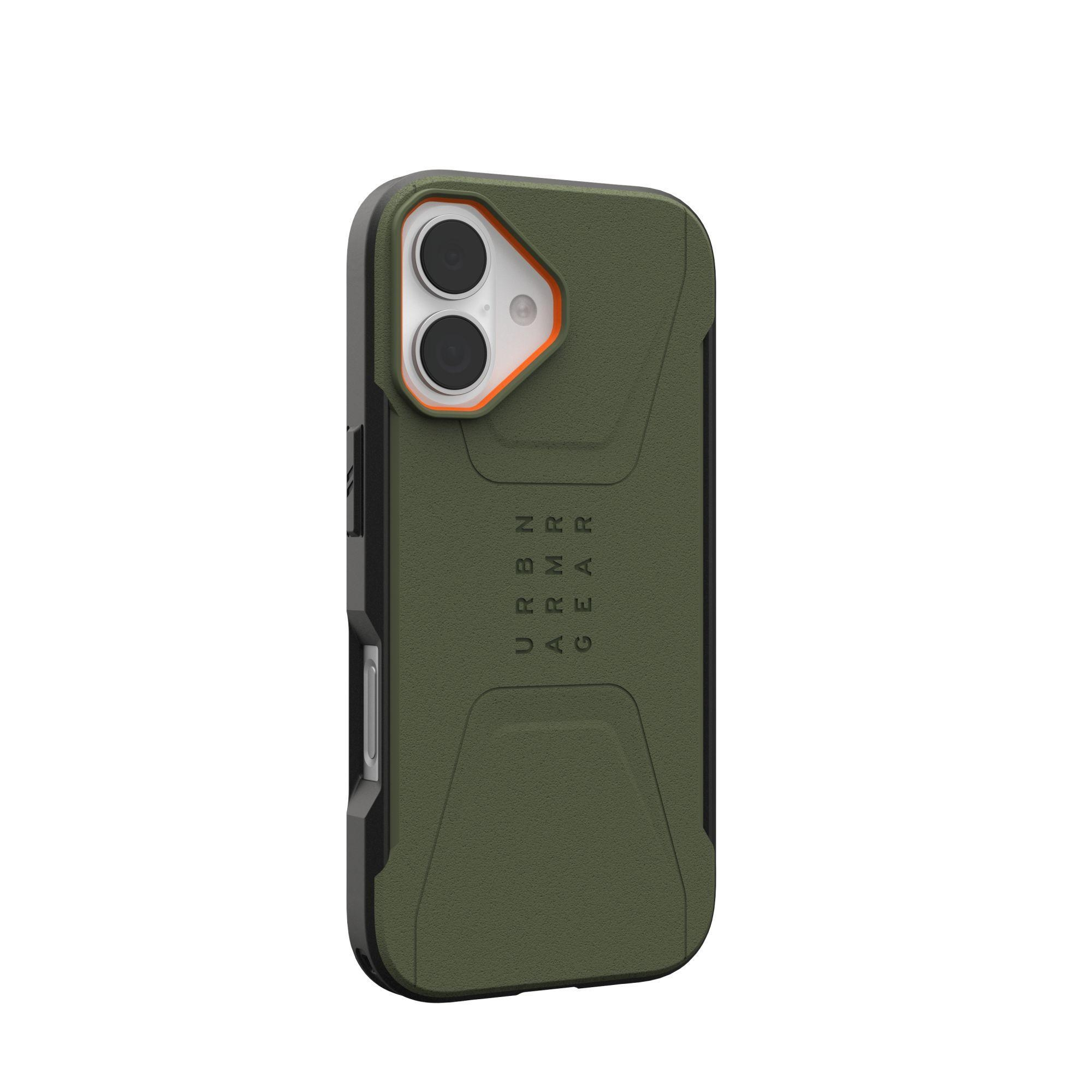 Une coque de téléphone vert olive avec un cadre noir. La marque URBN ARMOR GEAR est visible.
