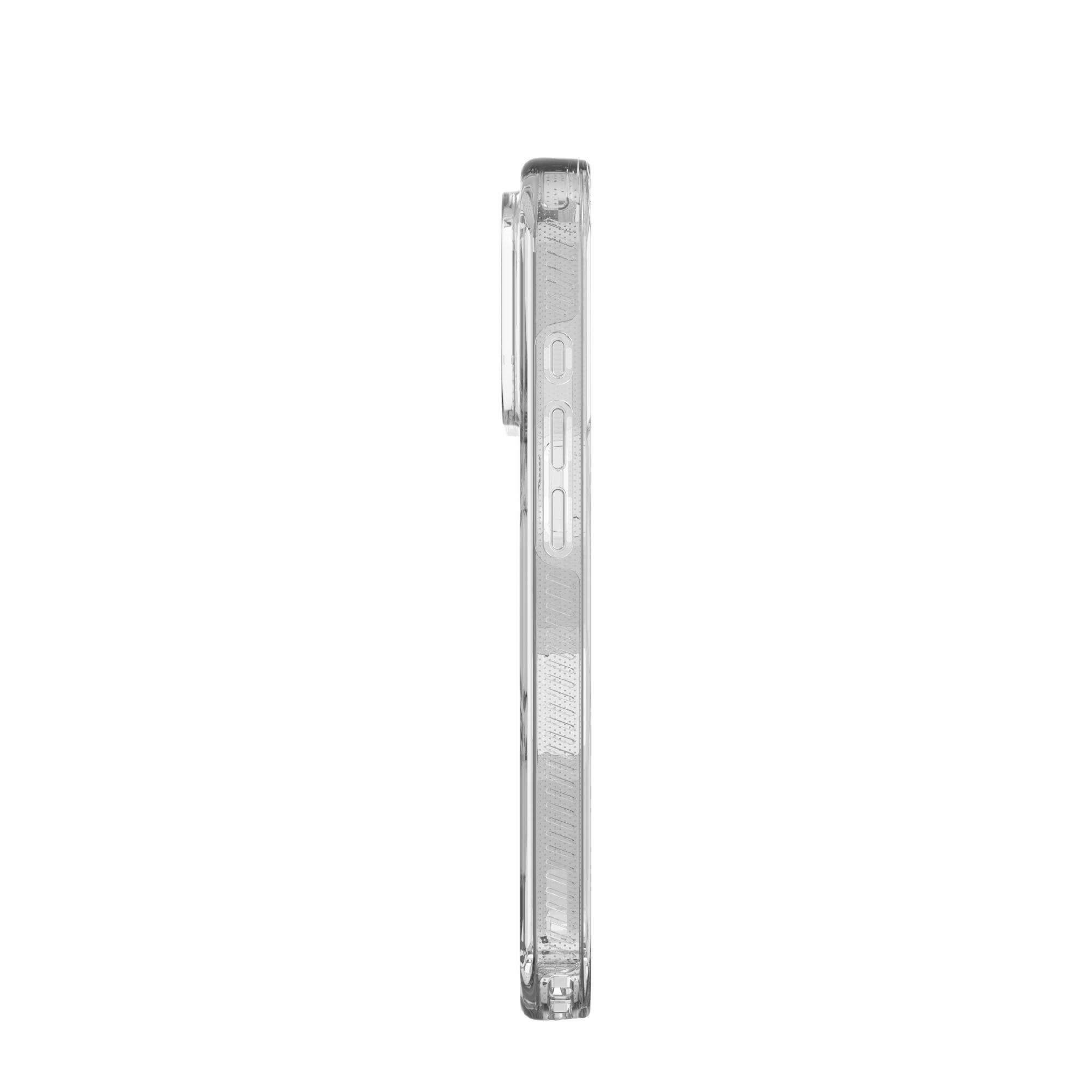 Ein transparenter Handyhülle wird von der Seite gezeigt. Die Hülle hat Knöpfe und ist transparent. Sie befindet sich auf weißem Hintergrund.