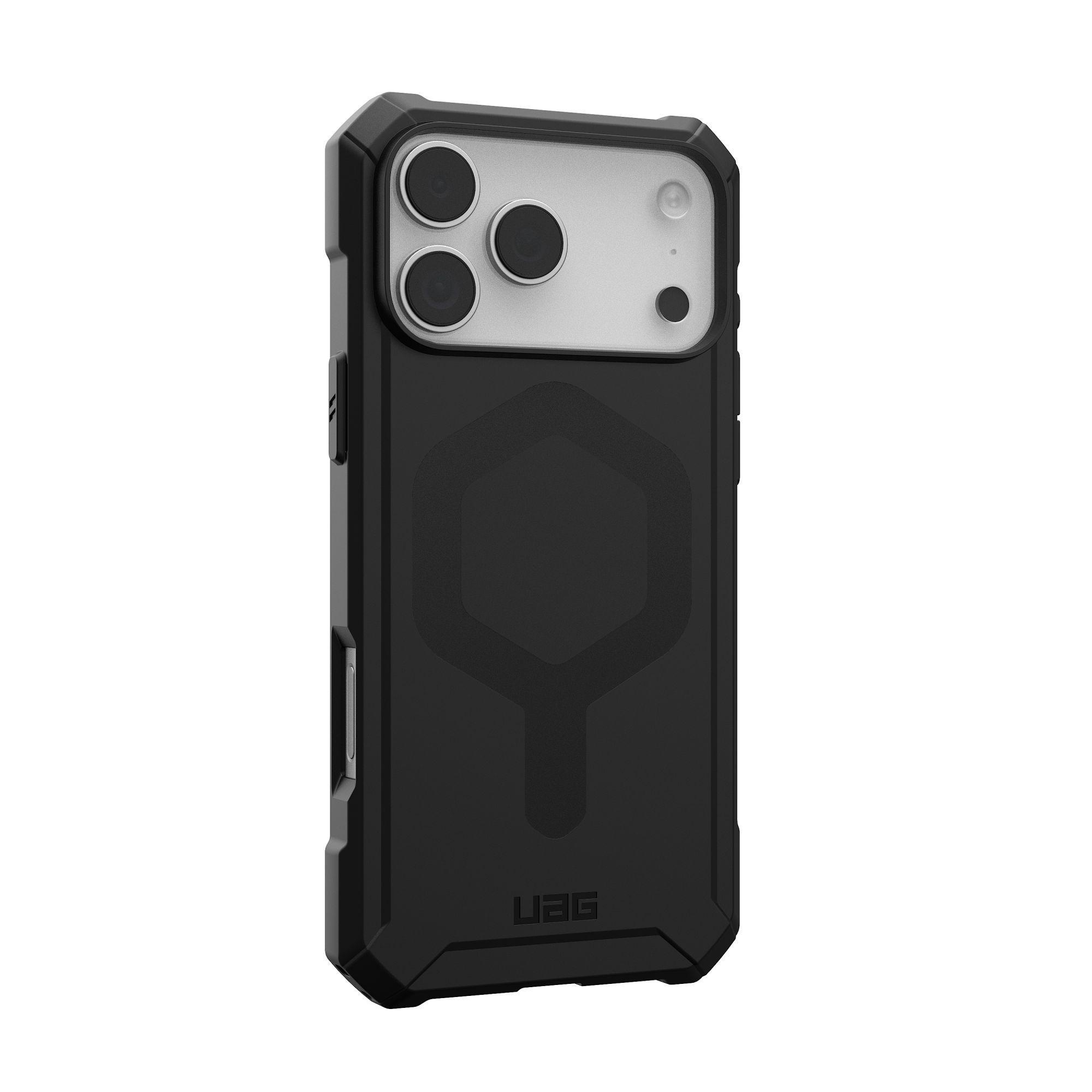Schwarze Handyhülle mit Kameraausschnitt. Sie hat ein sechseckiges Design auf der Rückseite und ein UAG-Logo.