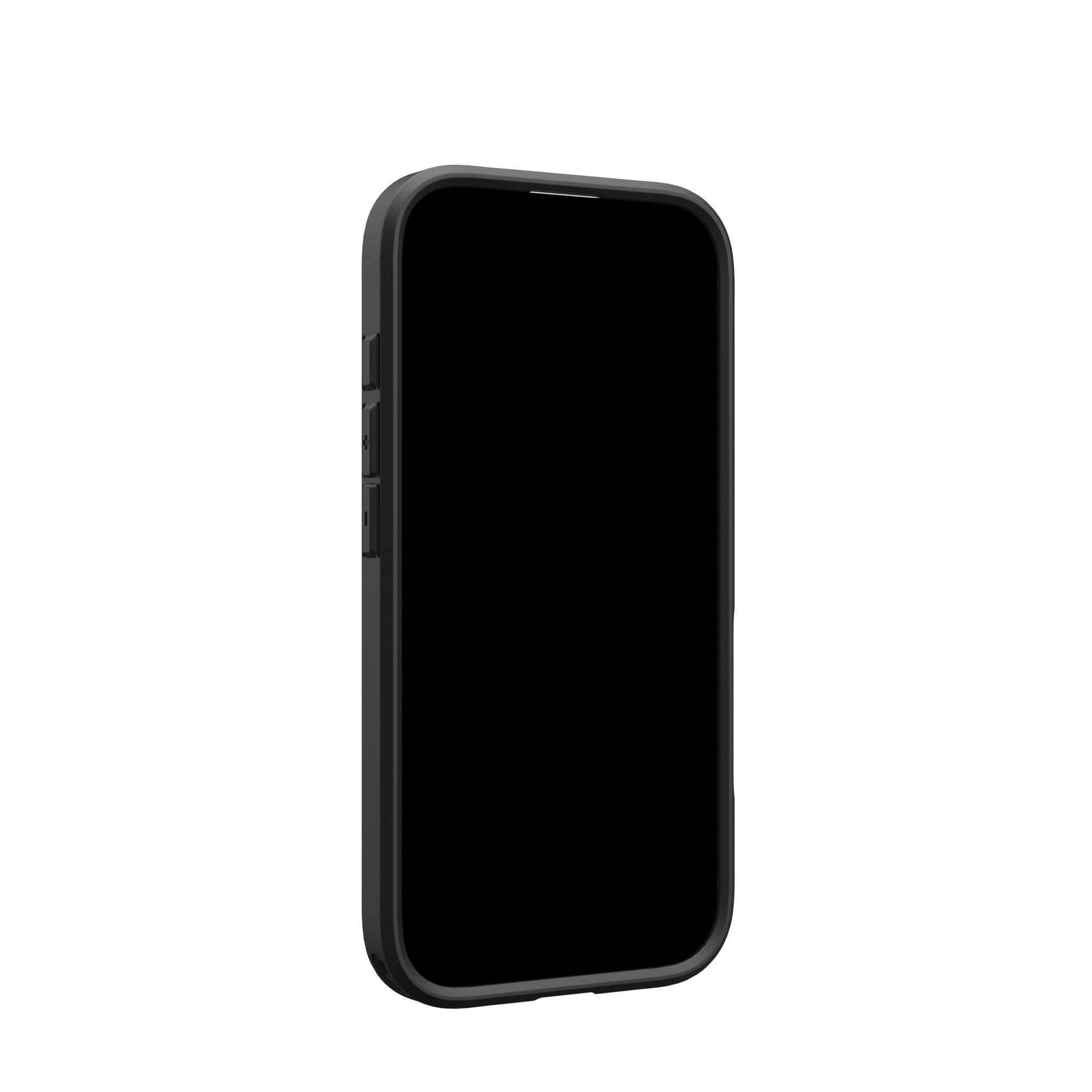 Un smartphone noir dans un étui noir. L'écran est noir. Le fond est blanc.