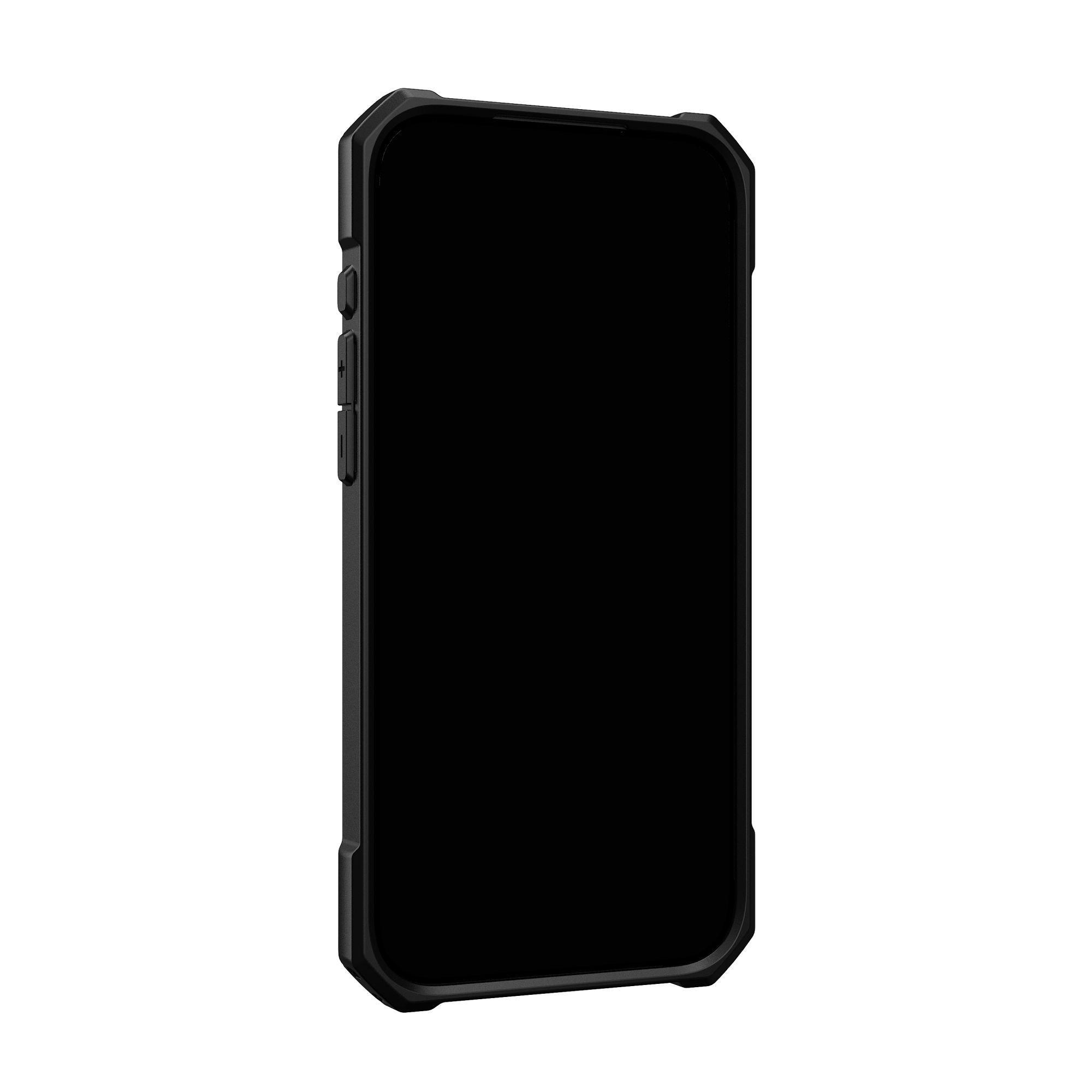 Ein schwarzes Smartphone in einer schwarzen Schutzhülle, vor weißem Hintergrund.