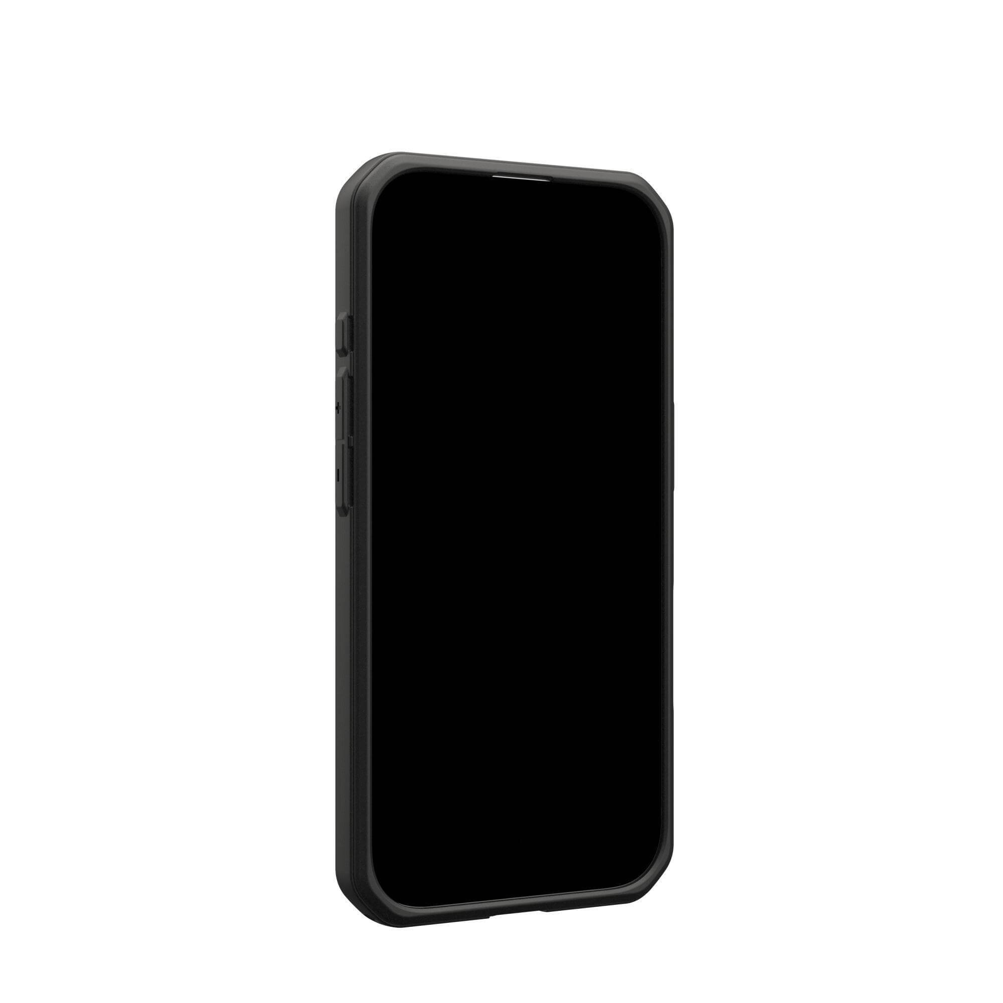 Czarny smartfon w czarnym etui, na białym tle. Ekran jest czarny.