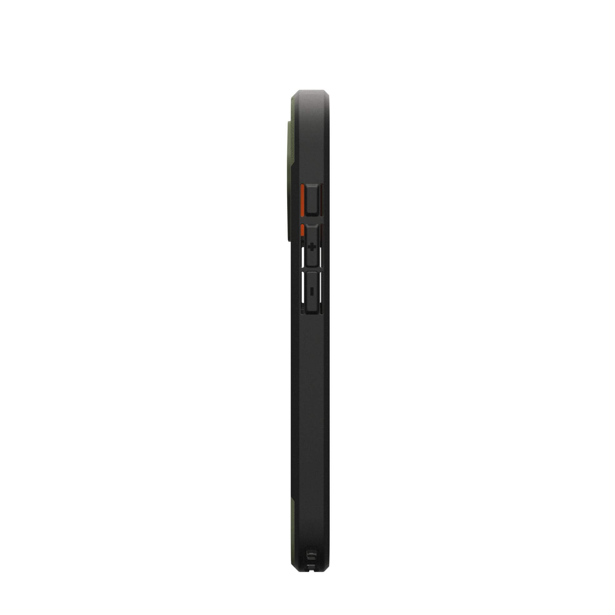 Vue latérale d'une coque de téléphone noire avec des accents verts et orange. Boutons et découpes visibles.