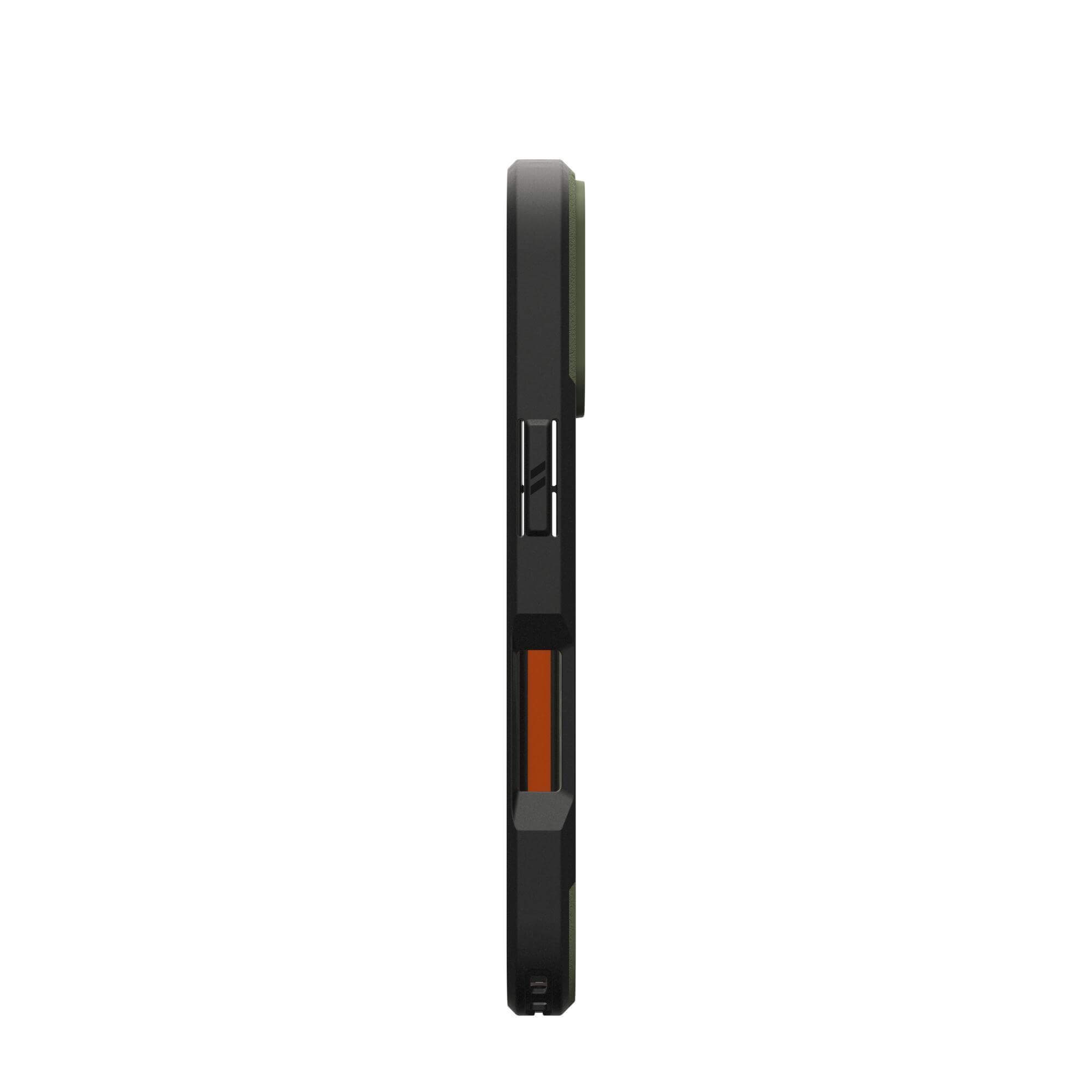 Vue latérale d'une coque de téléphone noire avec des accents verts et orange. Conception robuste.