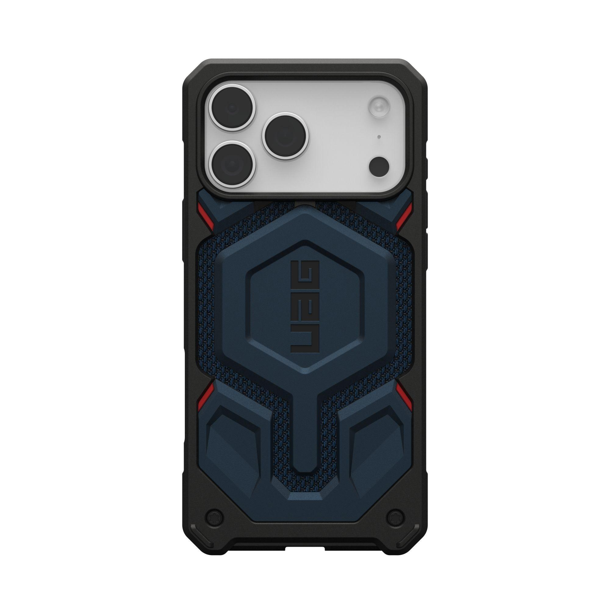Eine schwarze und blaue Handyhülle mit einem Kamerabereich oben und dem UAG-Logo auf der Vorderseite.