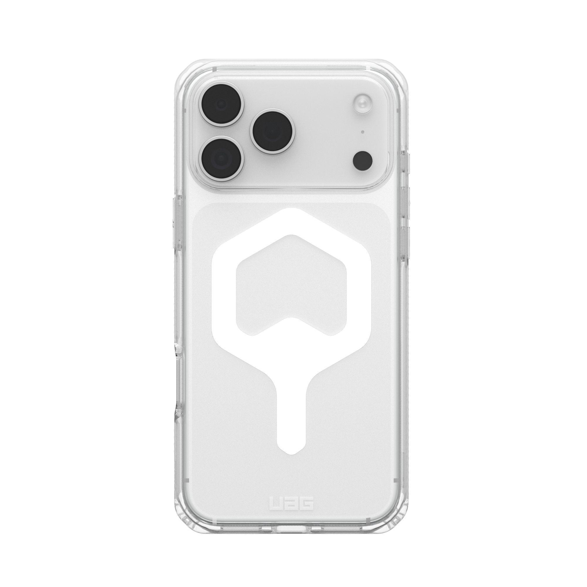 Funda transparente para teléfono sobre fondo blanco. Contiene un logotipo blanco, cámara de teléfono y botones. Transparente y protectora.